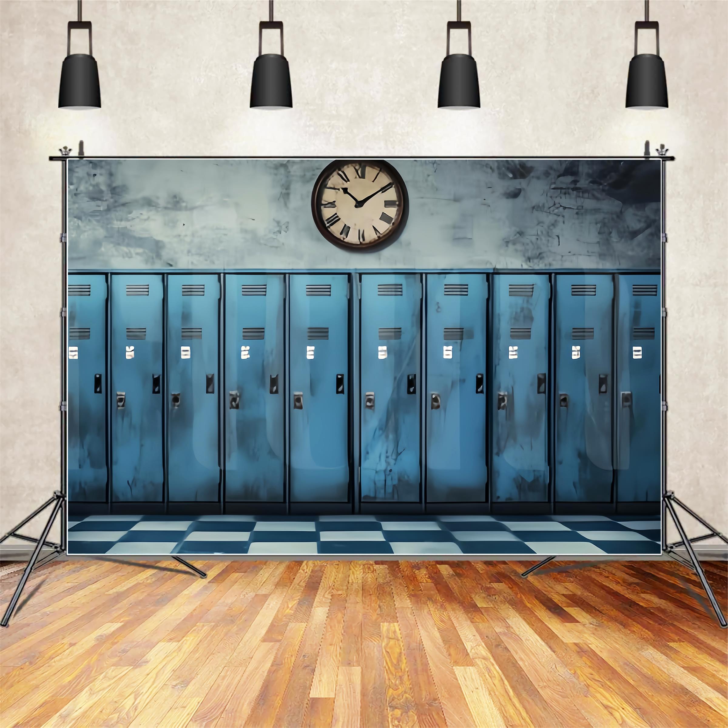 School Hallway Backdrop Vintage Blue Lockers Clock Back To School Backdrop Ideas UK LXX59-237