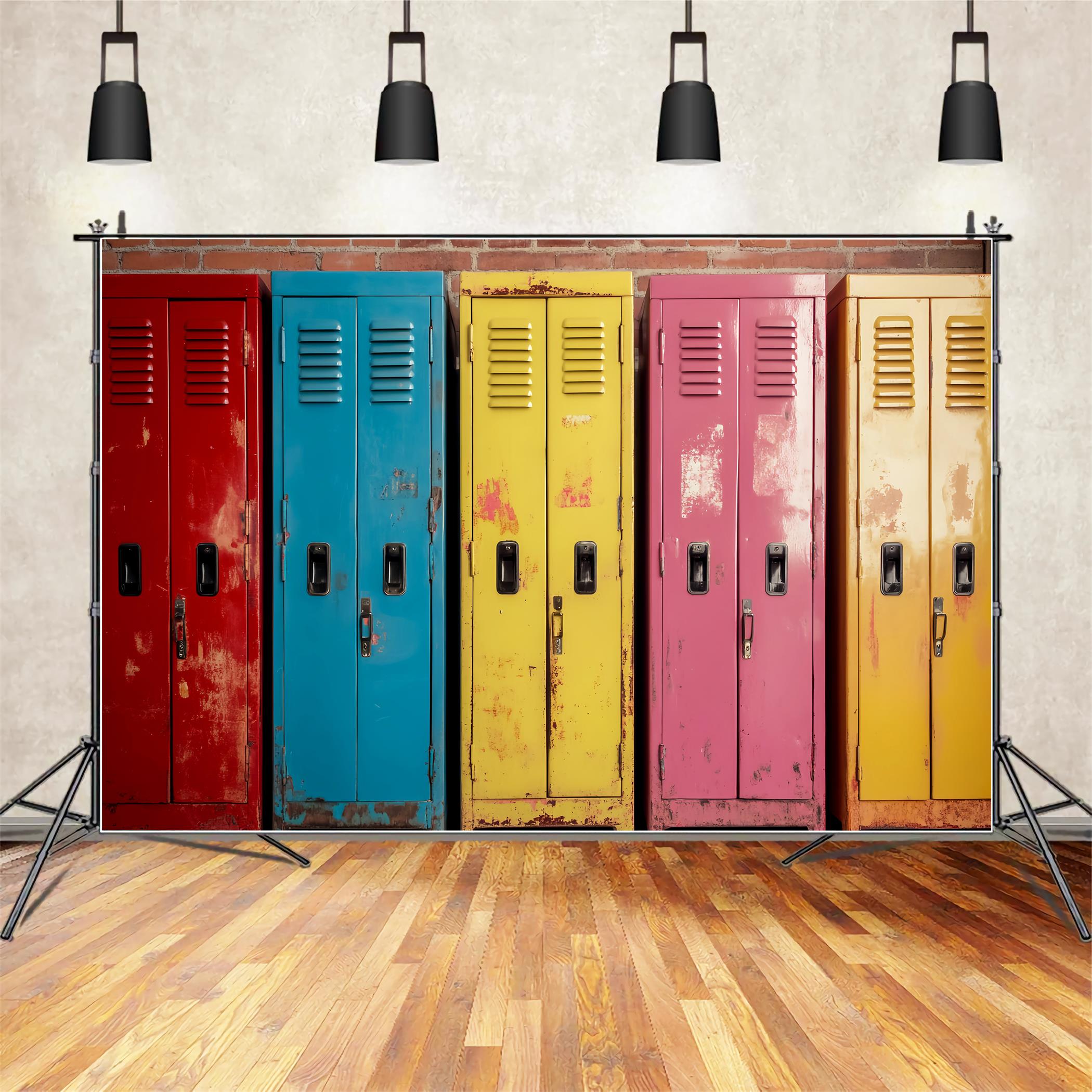 School Locker Backdrop Rustic Colorful Metal Lockers Back To School Backdrops UK LXX59-238