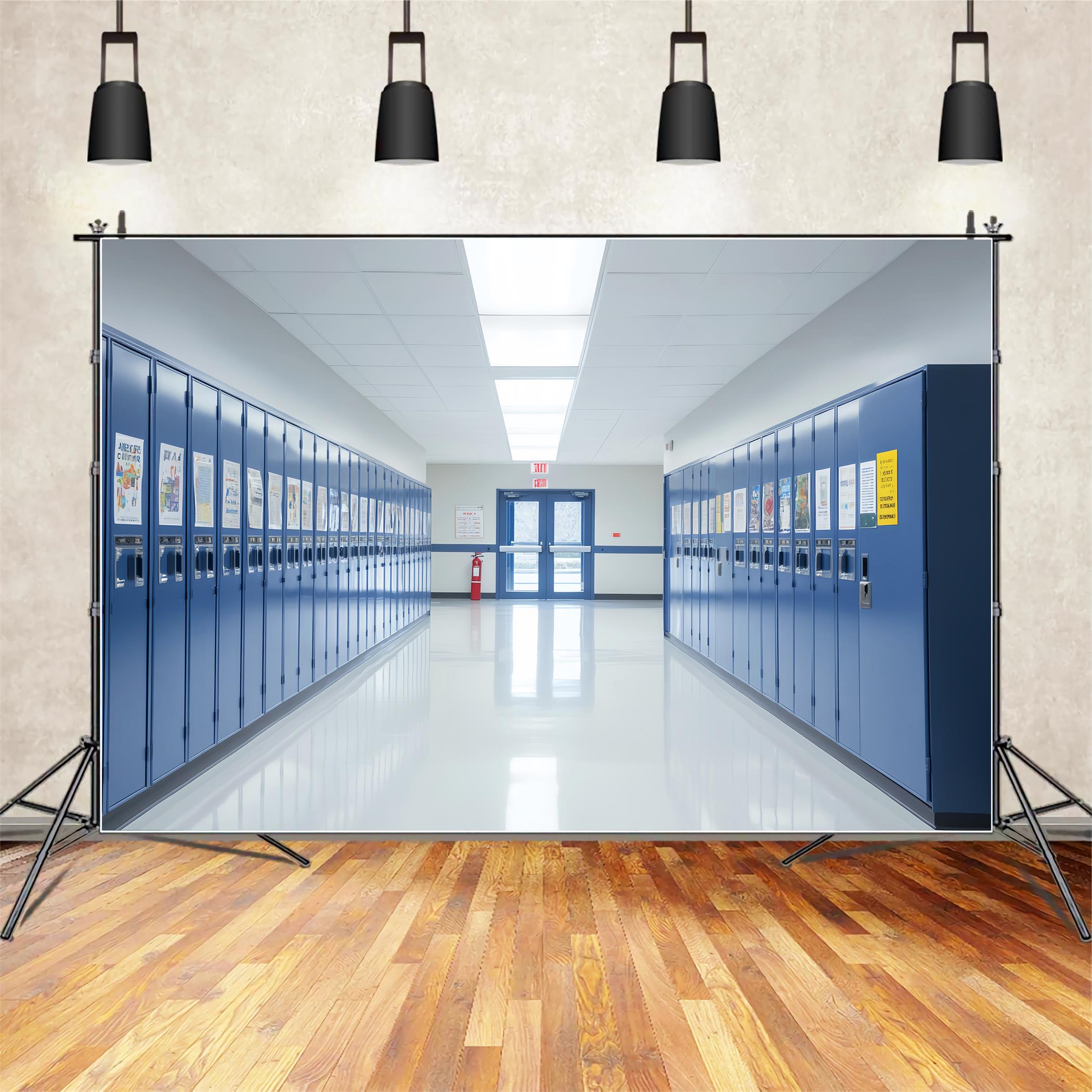 School Hallway Backdrop Bright Hallway Blue Lockers School Locker Backdrop UK LXX59-239