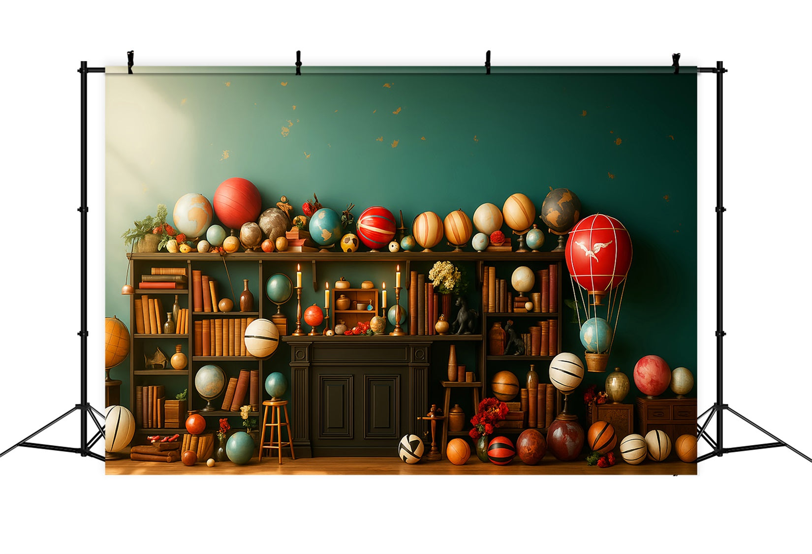 Back To School Backdrop Whimsical Globe Bookshelf Display School Picture Backdrop UK LXX59-240