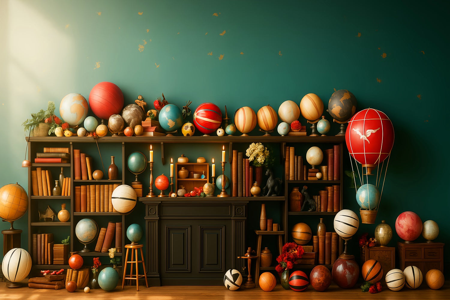 Back To School Backdrop Whimsical Globe Bookshelf Display School Picture Backdrop UK LXX59-240