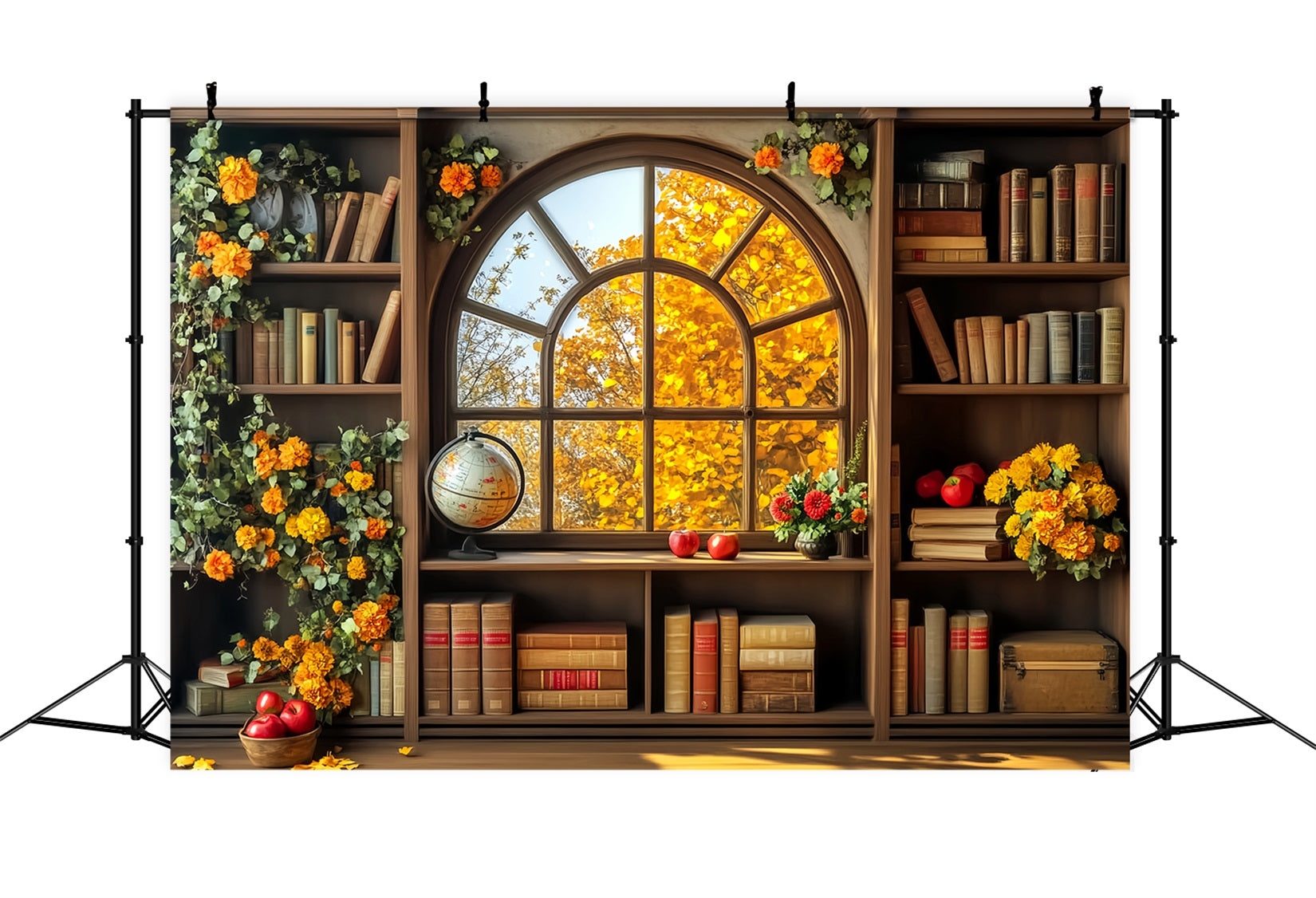Back To School Backdrop Autumn Bookshelf Window View School Classroom Backdrop UK LXX59-241