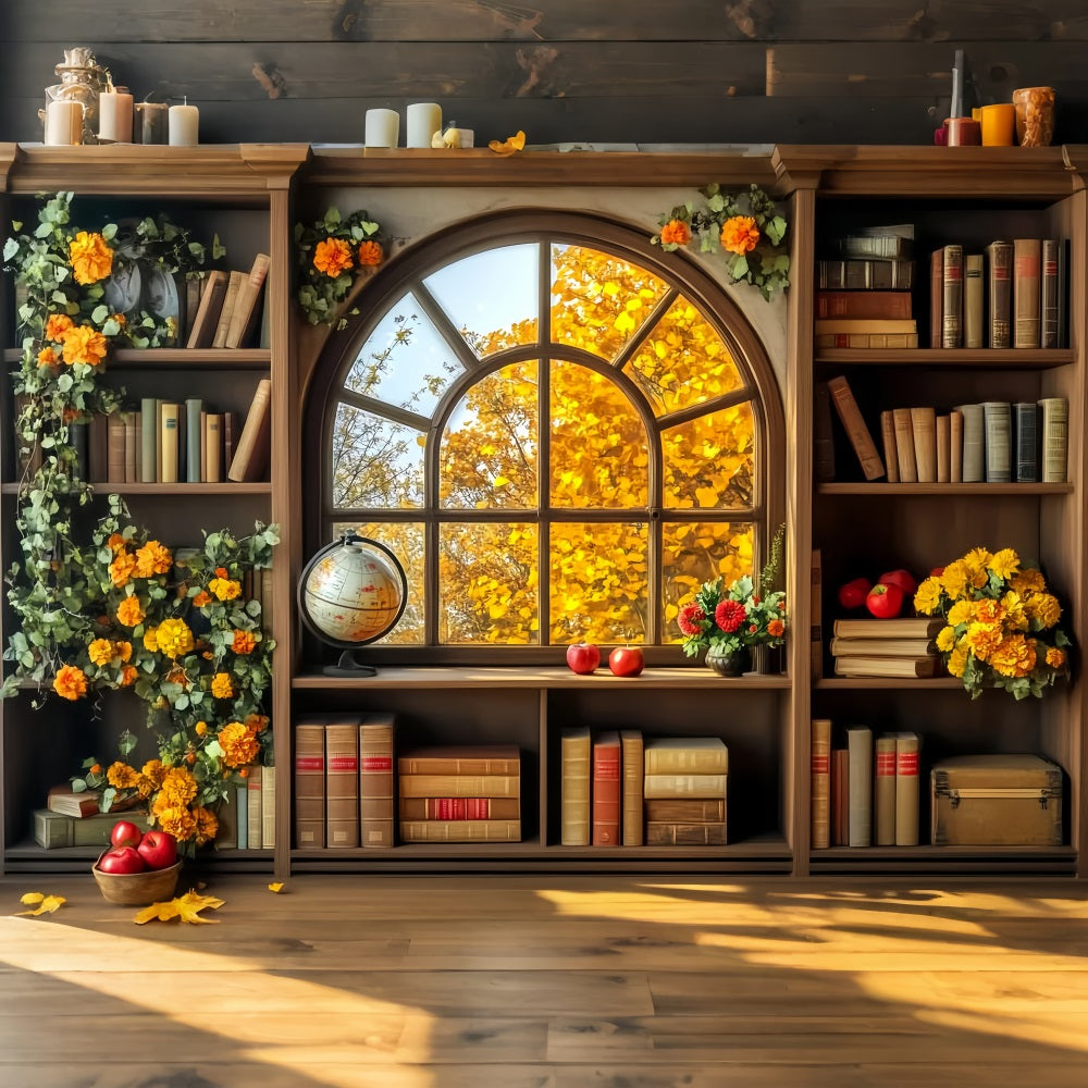 Back To School Backdrop Autumn Bookshelf Window View School Classroom Backdrop UK LXX59-241