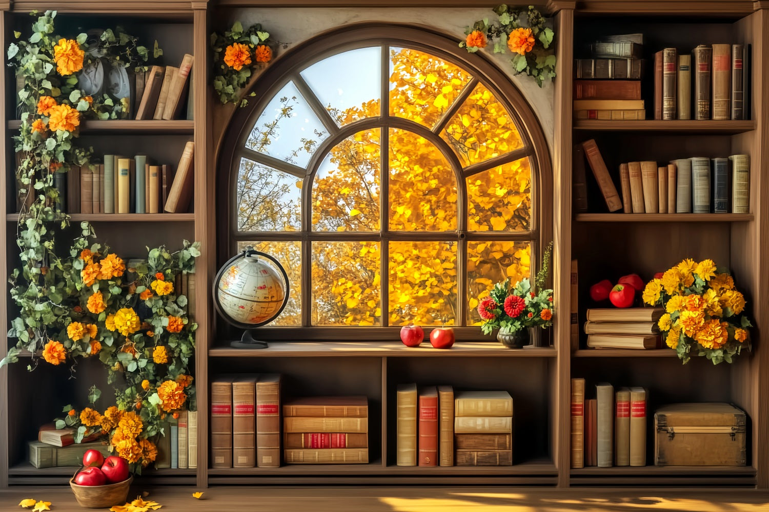 Back To School Backdrop Autumn Bookshelf Window View School Classroom Backdrop UK LXX59-241