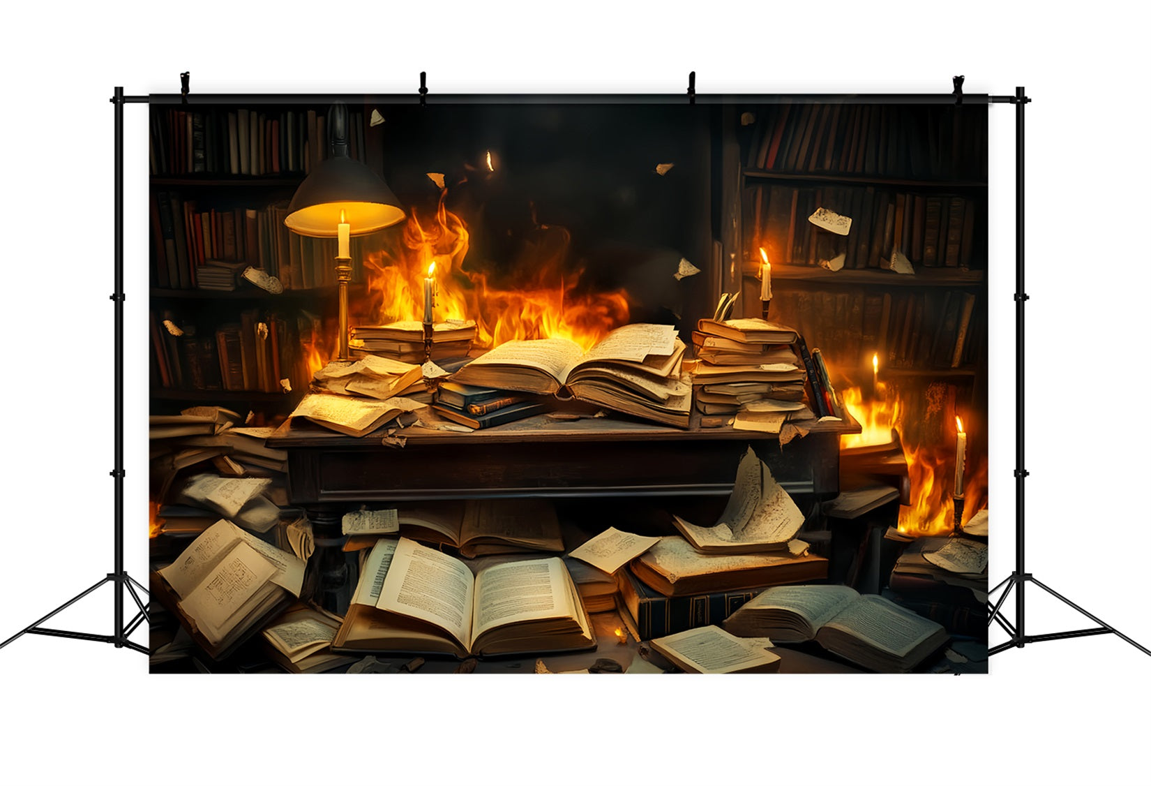Back To School Backdrop Burning Books Chaotic Desk School Picture Backdrop UK LXX59-244