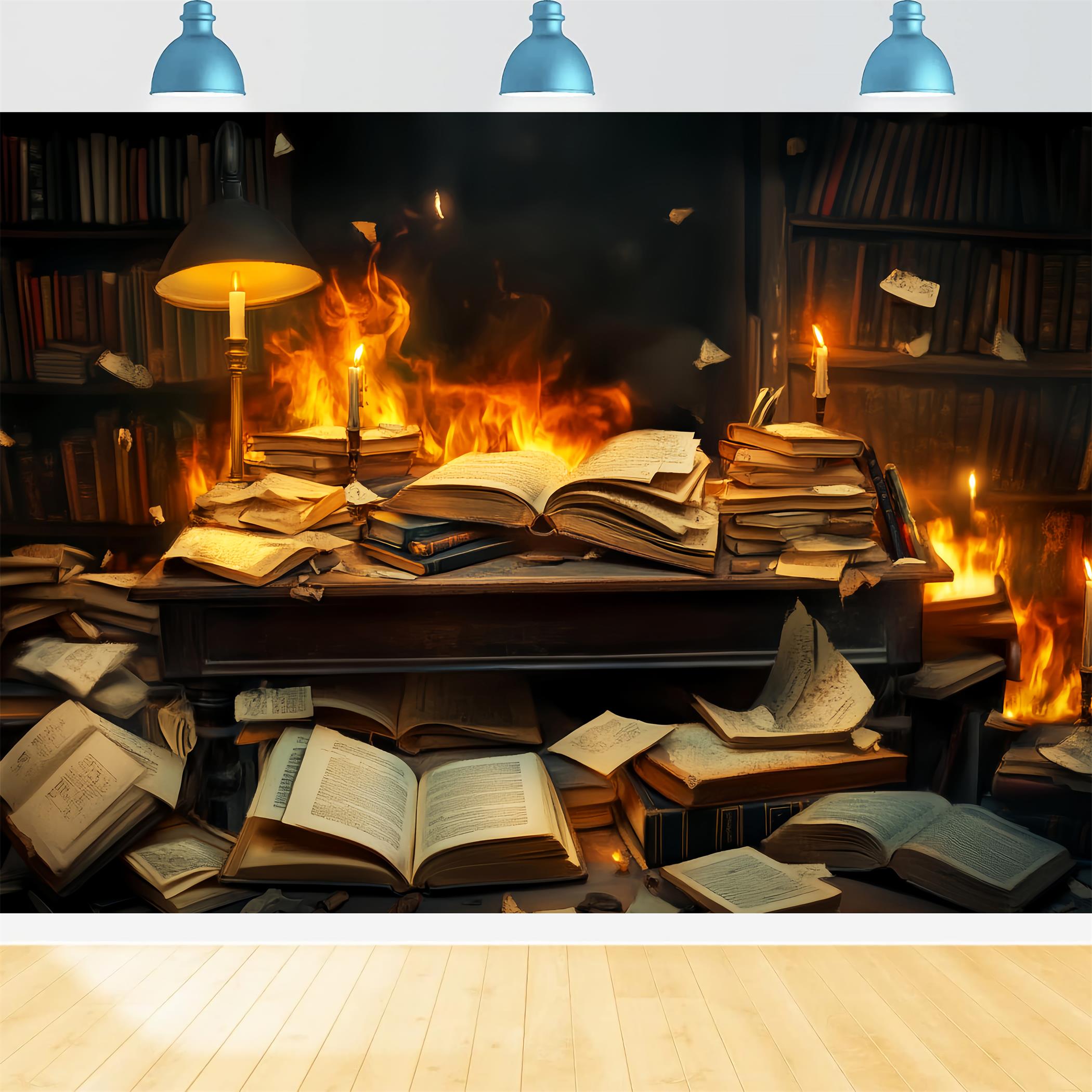 Back To School Backdrop Burning Books Chaotic Desk School Picture Backdrop UK LXX59-244