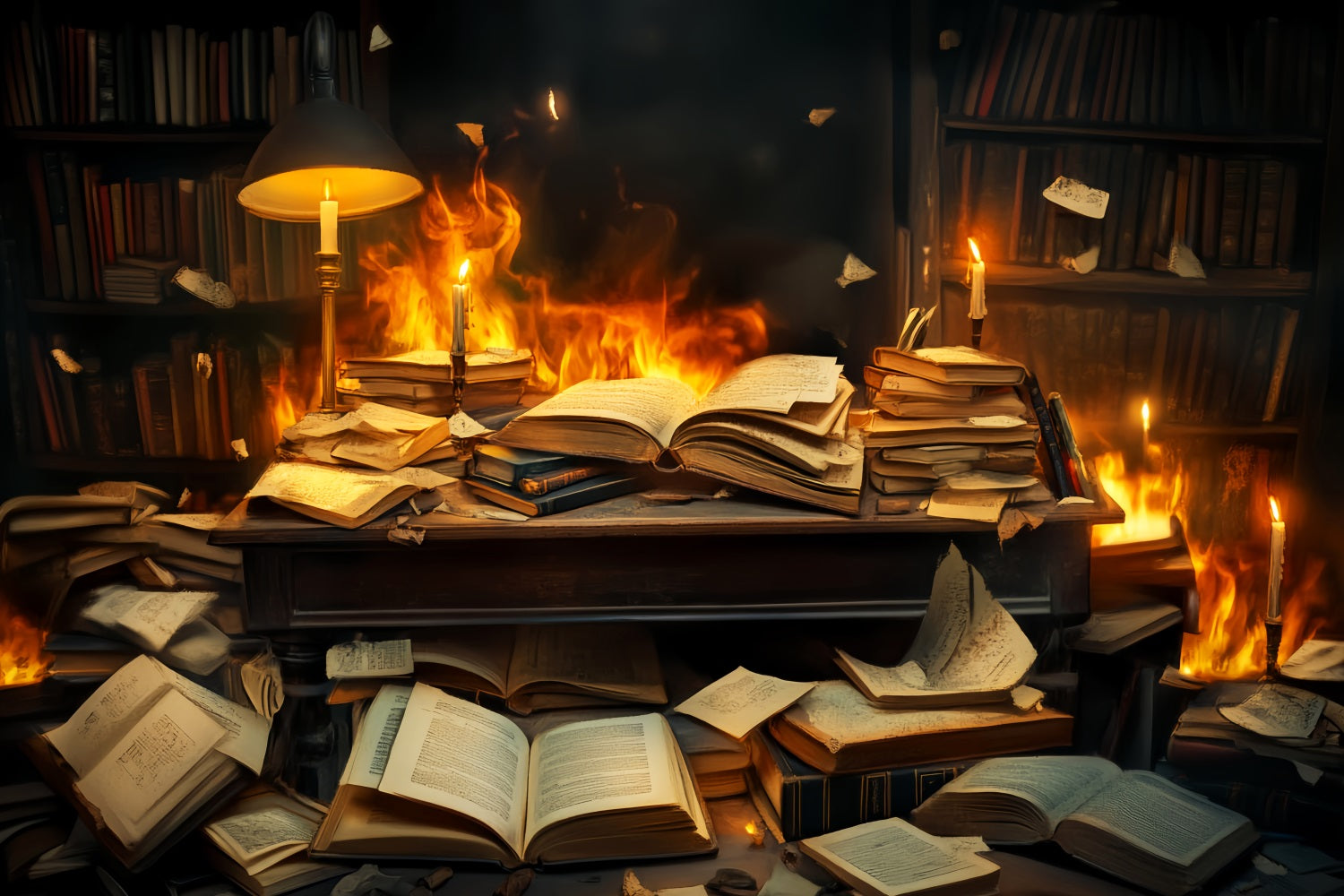Back To School Backdrop Burning Books Chaotic Desk School Picture Backdrop UK LXX59-244