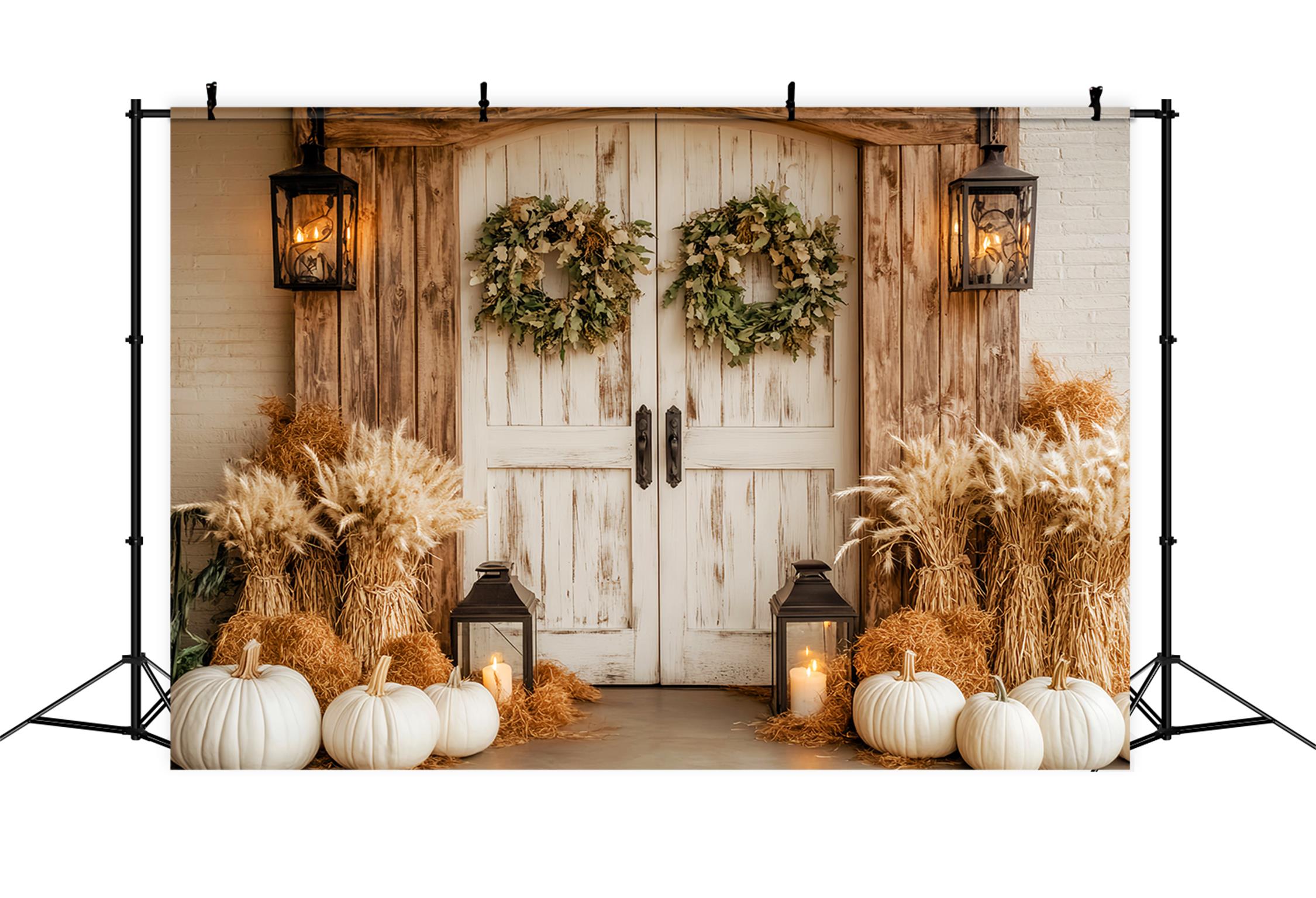 Barn Door Backdrop Rustic White Pumpkins Lanterns Fall Backdrop UK LXX59-259