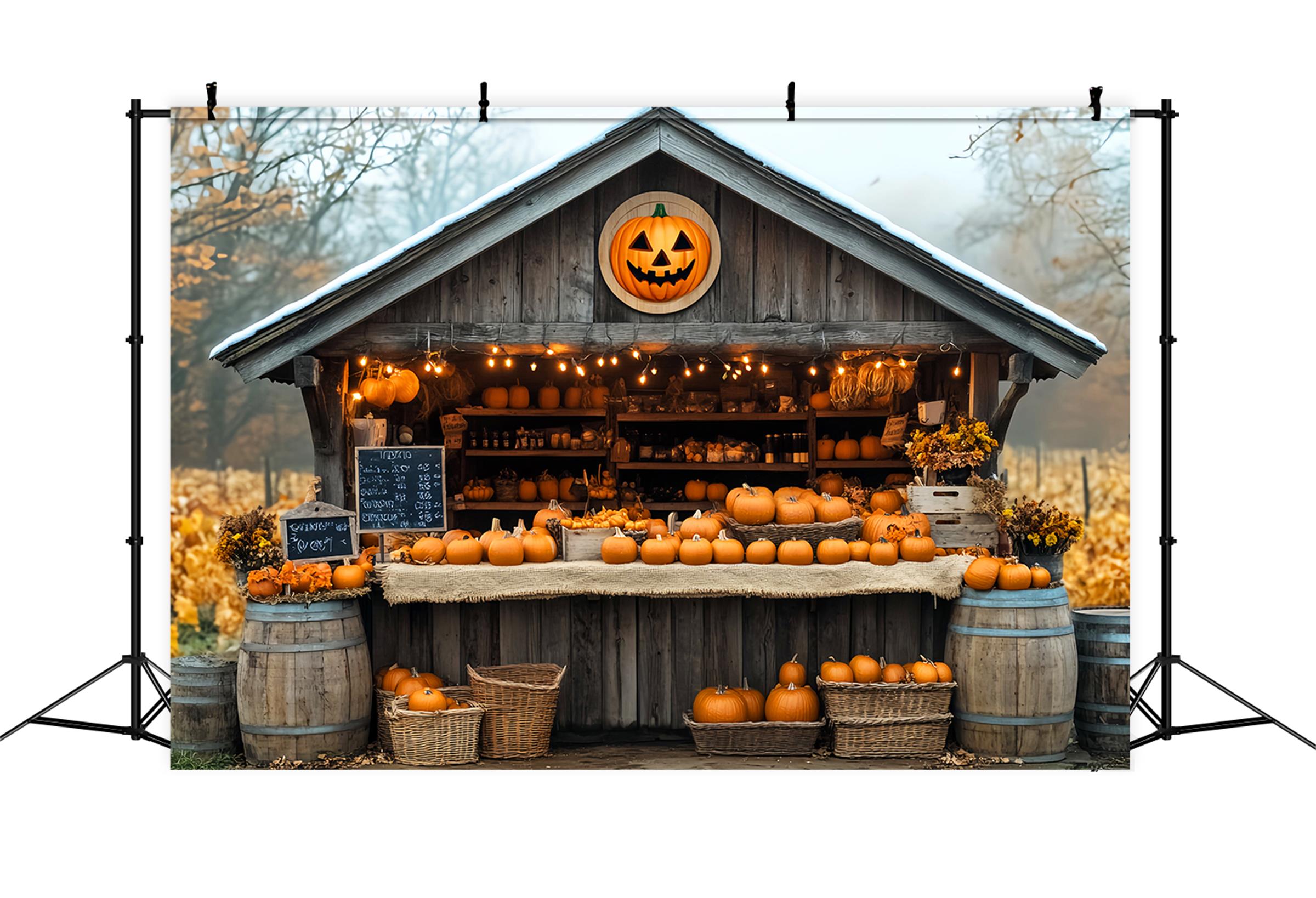 Fall Backdrop Pumpkin Market Wooden Cabin Fall Photo Backdrop UK LXX59-260