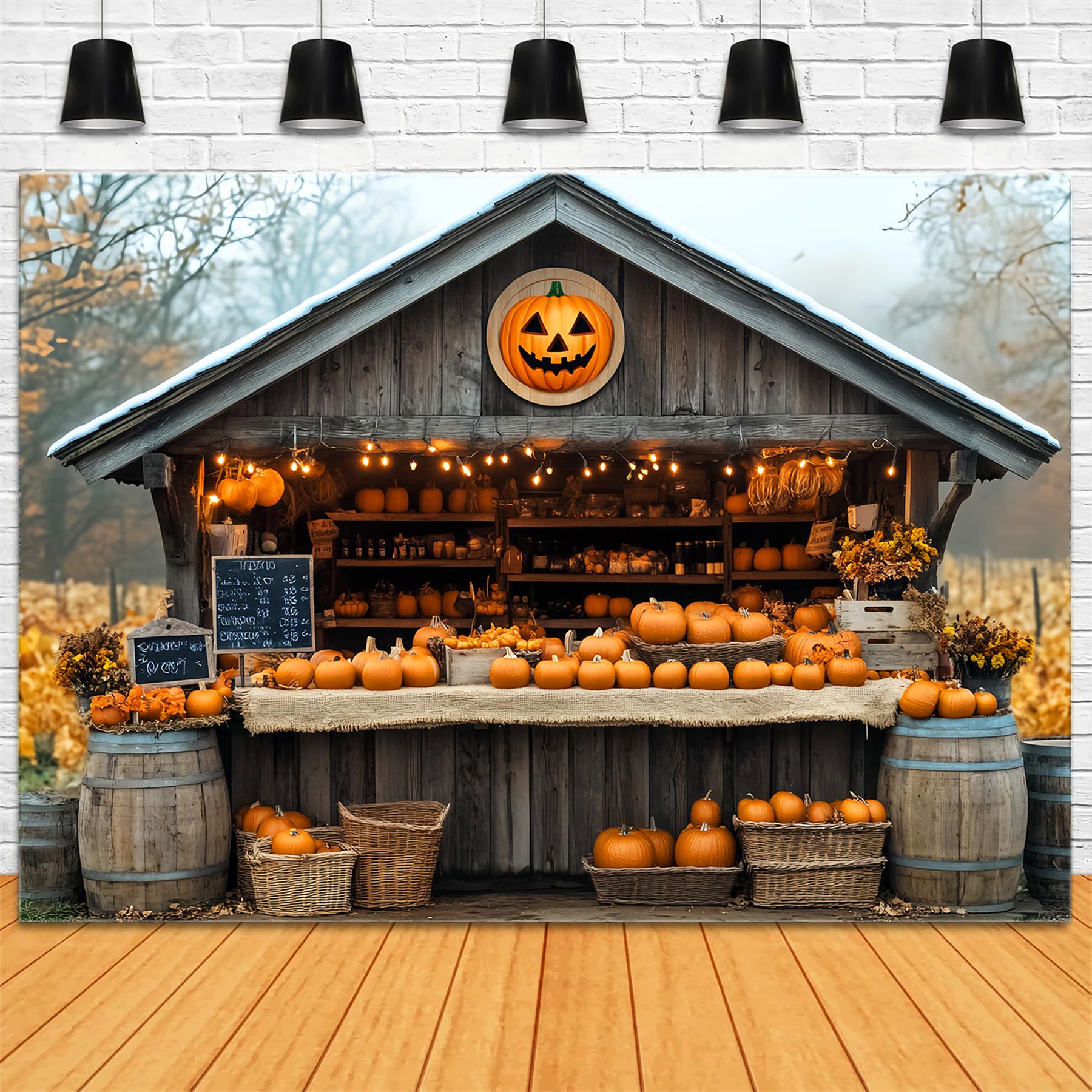 Fall Backdrop Pumpkin Market Wooden Cabin Fall Photo Backdrop UK LXX59-260
