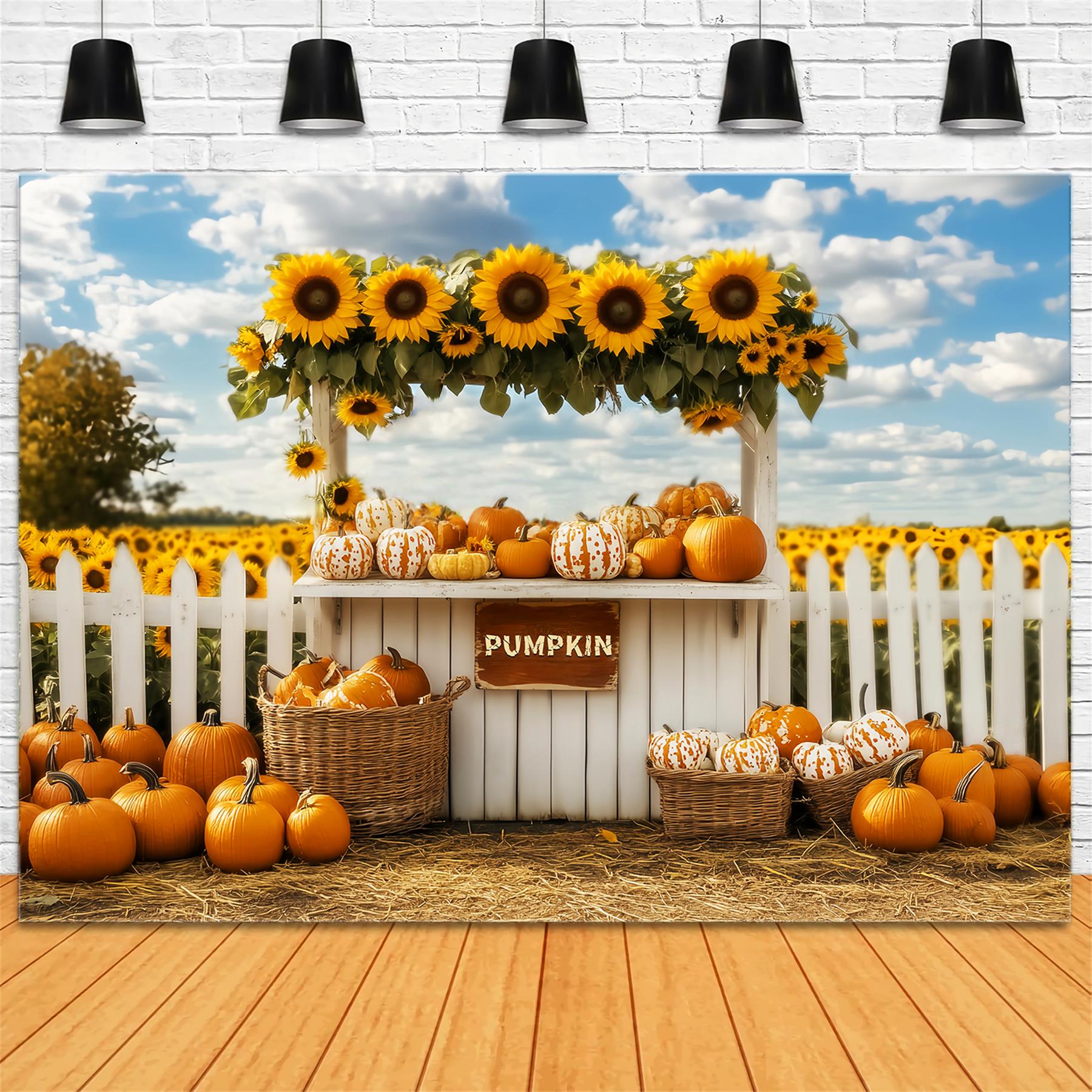 Fall Backdrop Pumpkin Sunflower Market Stand Fall Photo Backdrops UK LXX59-266