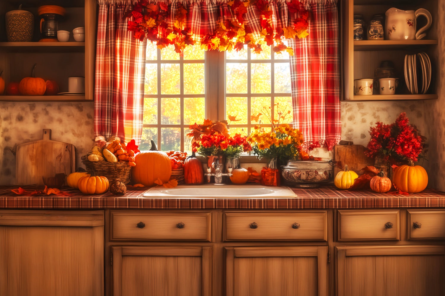 Kitchen Backdrop Cozy Fall Window Display Autumn Backdrop UK LXX59-269