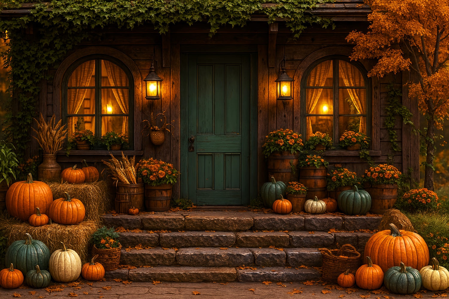Rustic Backdrop Cozy Autumn Porch Pumpkins Fall Photography Backdrops UK LXX59-279