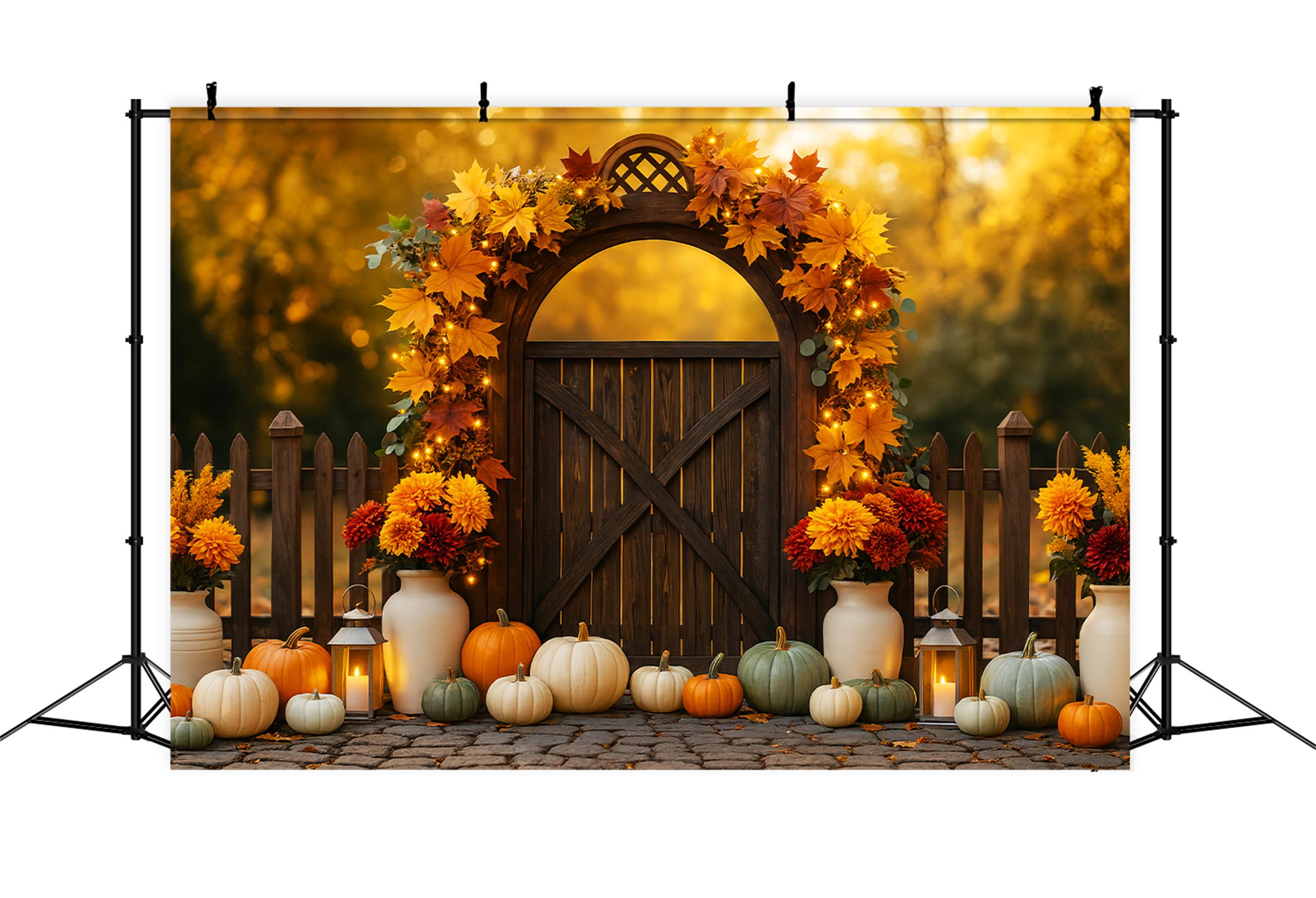 Fall Outdoor Backdrop Autumn Gate Pumpkins Lights Fall Backdrops UK LXX59-287