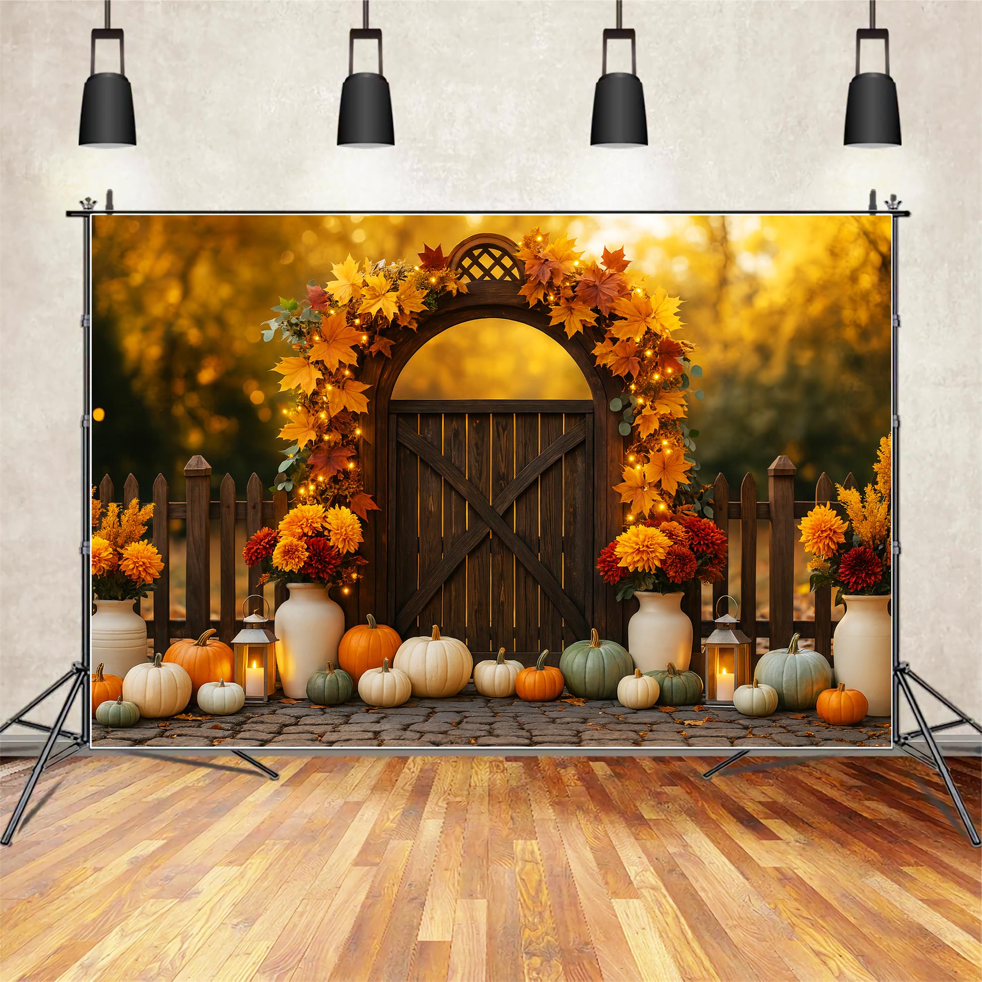 Fall Outdoor Backdrop Autumn Gate Pumpkins Lights Fall Backdrops UK LXX59-287