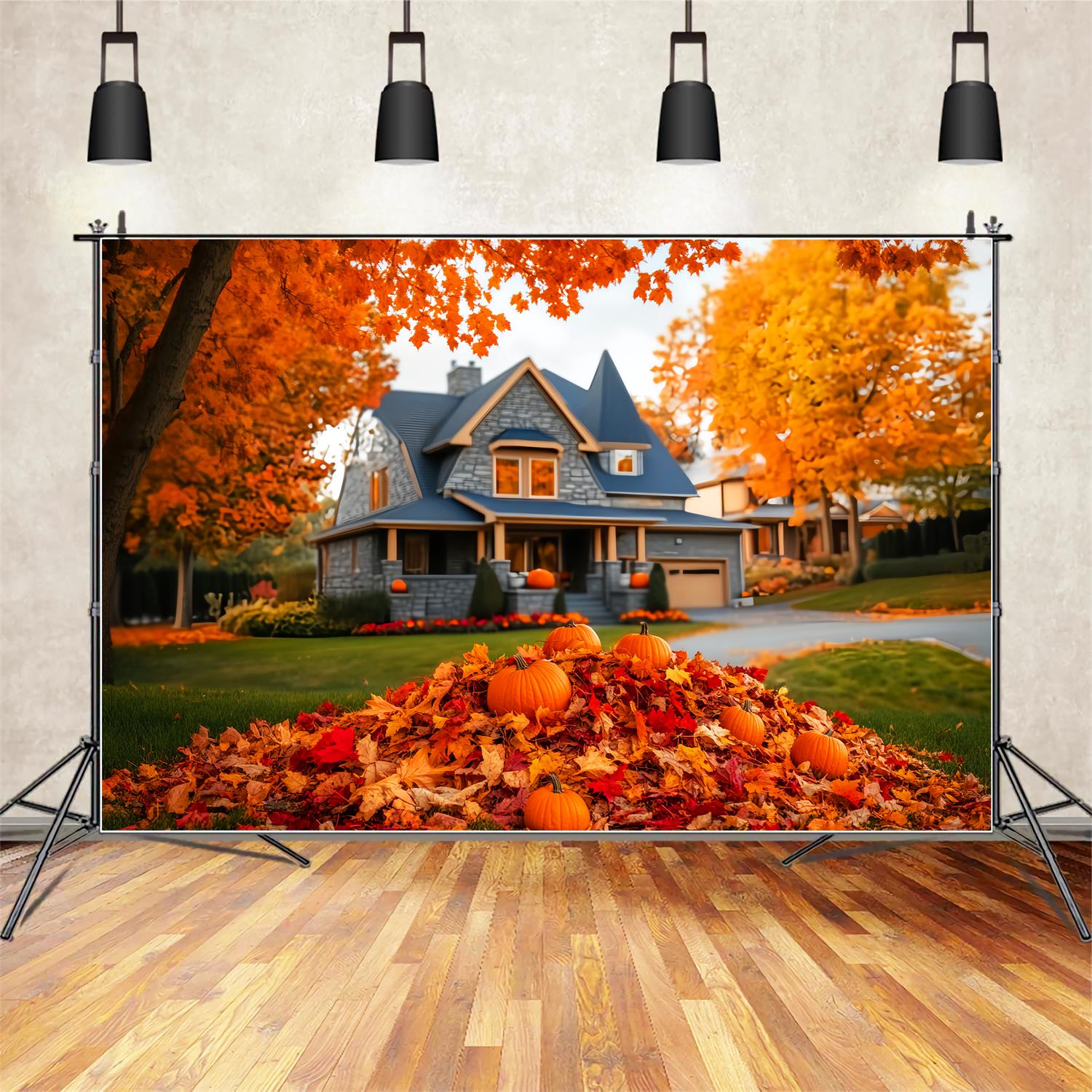 Fall Outdoor Backdrop Autumn House Pumpkin Pile Fall Leaves Backdrop UK LXX59-288