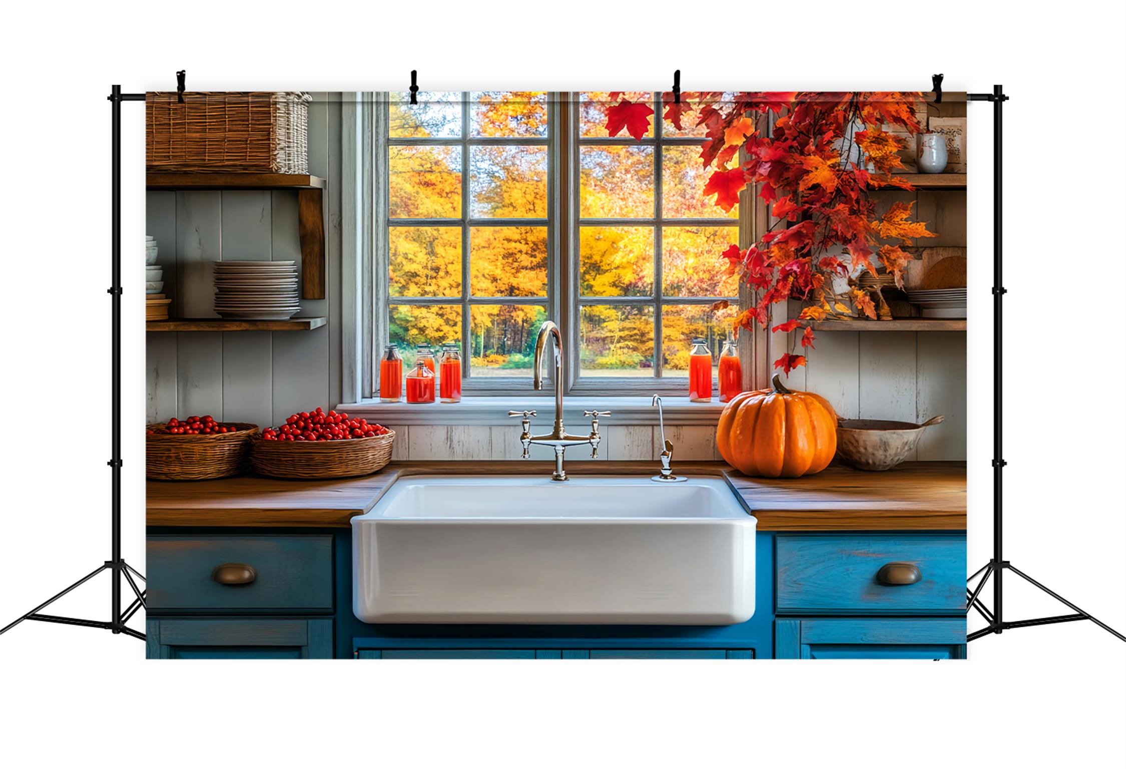 Kitchen Backdrop Rustic Kitchen Autumn Leaves Fall Photo Backdrop UK LXX59-290