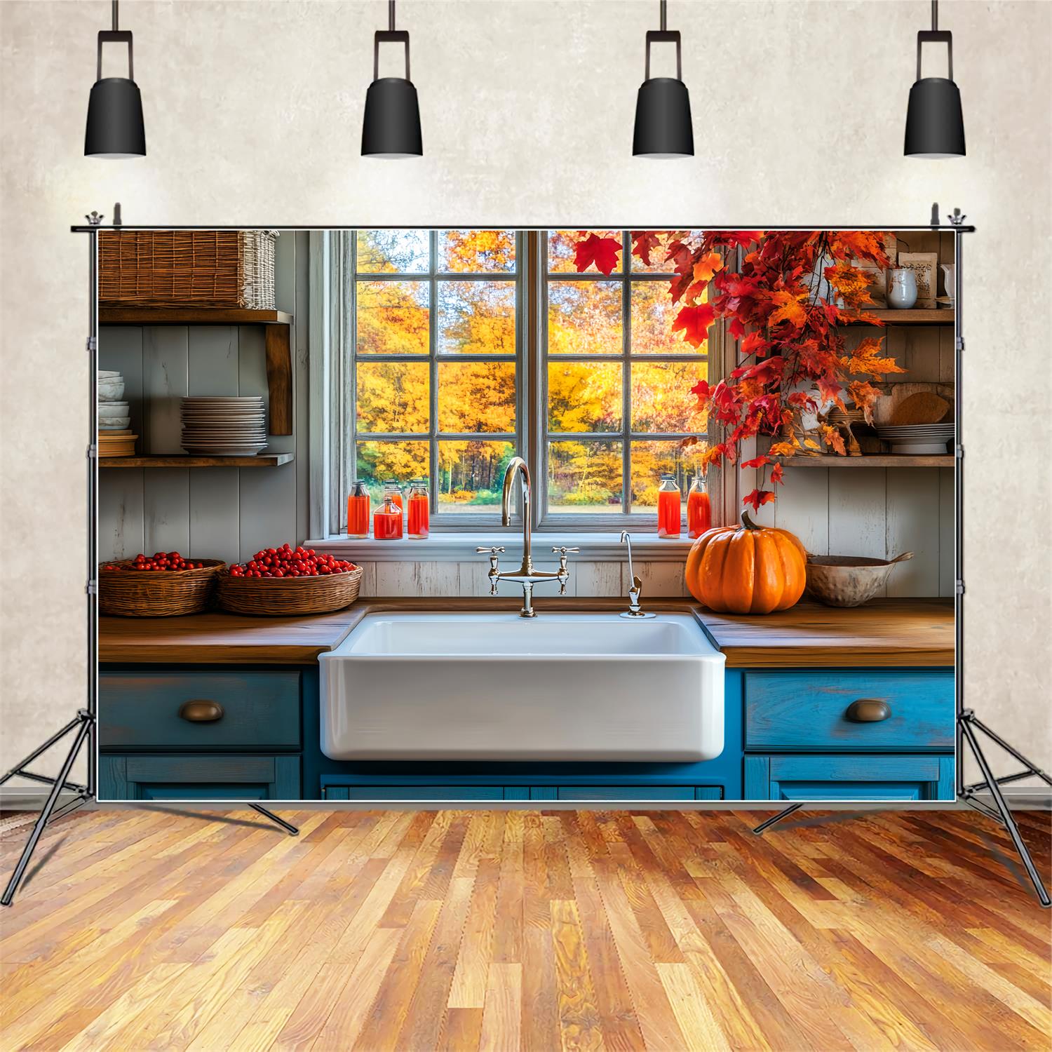 Kitchen Backdrop Rustic Kitchen Autumn Leaves Fall Photo Backdrop UK LXX59-290