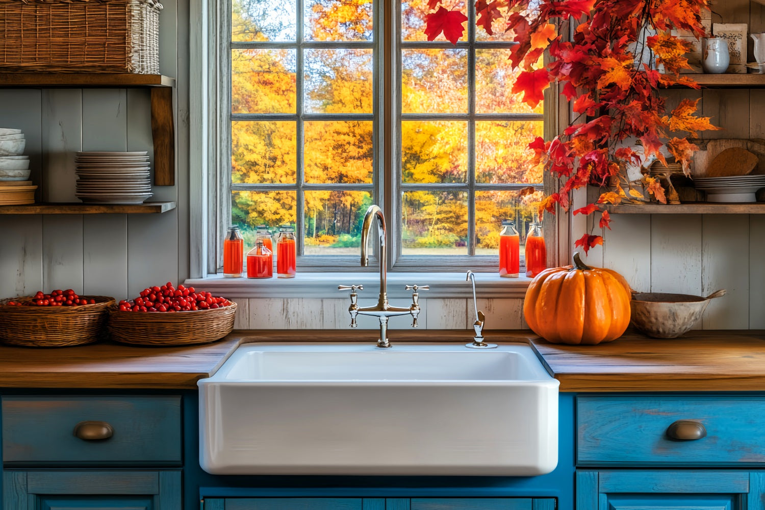 Kitchen Backdrop Rustic Kitchen Autumn Leaves Fall Photo Backdrop UK LXX59-290