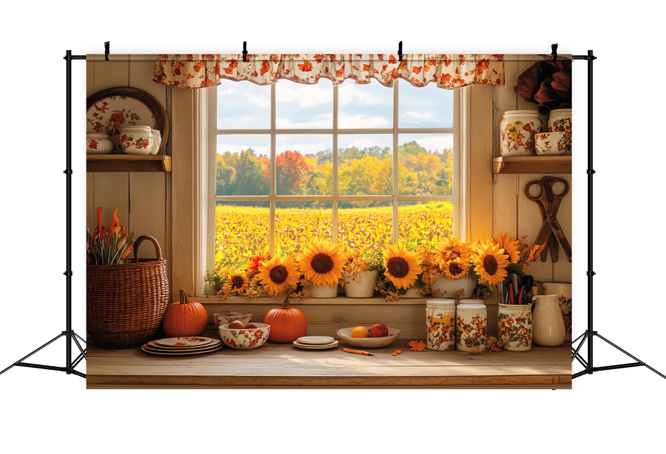 Kitchen Backdrop Cozy Autumn Kitchen Sunflowers Fall Backdrops UK LXX59-291