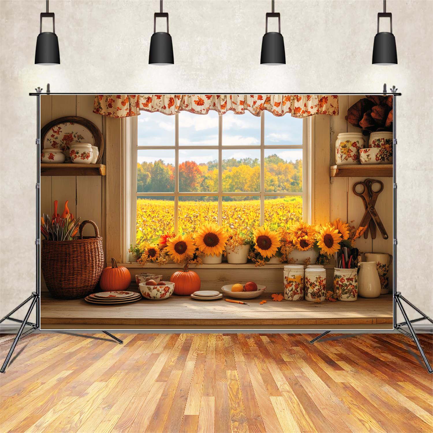 Kitchen Backdrop Cozy Autumn Kitchen Sunflowers Fall Backdrops UK LXX59-291