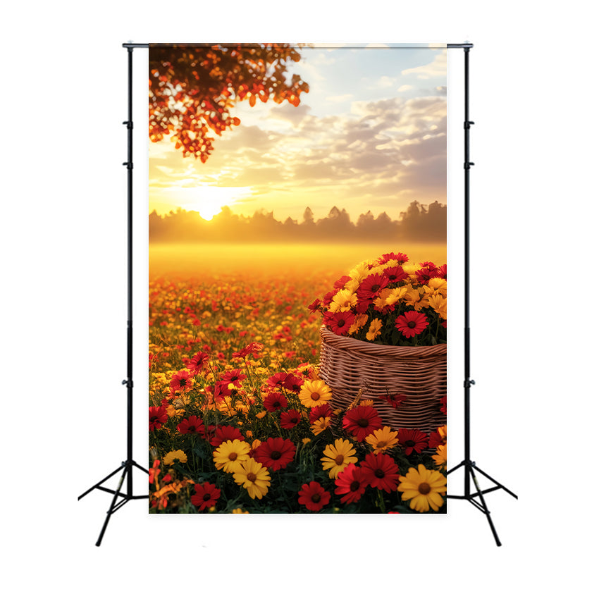 Fall Outdoor Backdrop Sunset Over Autumn Flower Field Fall Backdrops UK LXX59-292