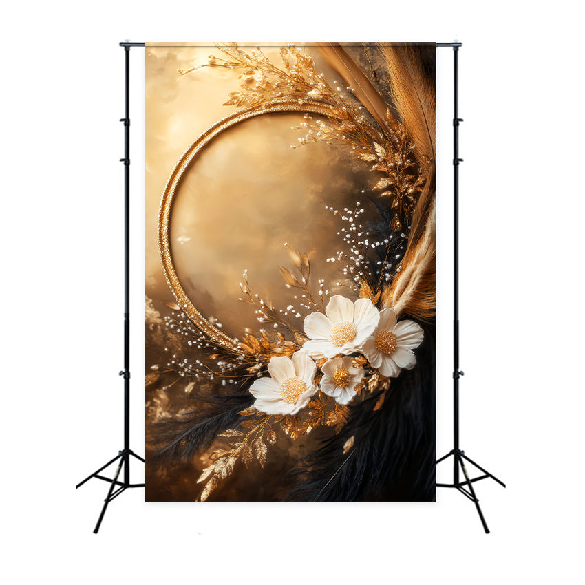 Boho Backdrop Elegant Golden Floral Frame Autumn Fall Backdrop UK LXX59-295
