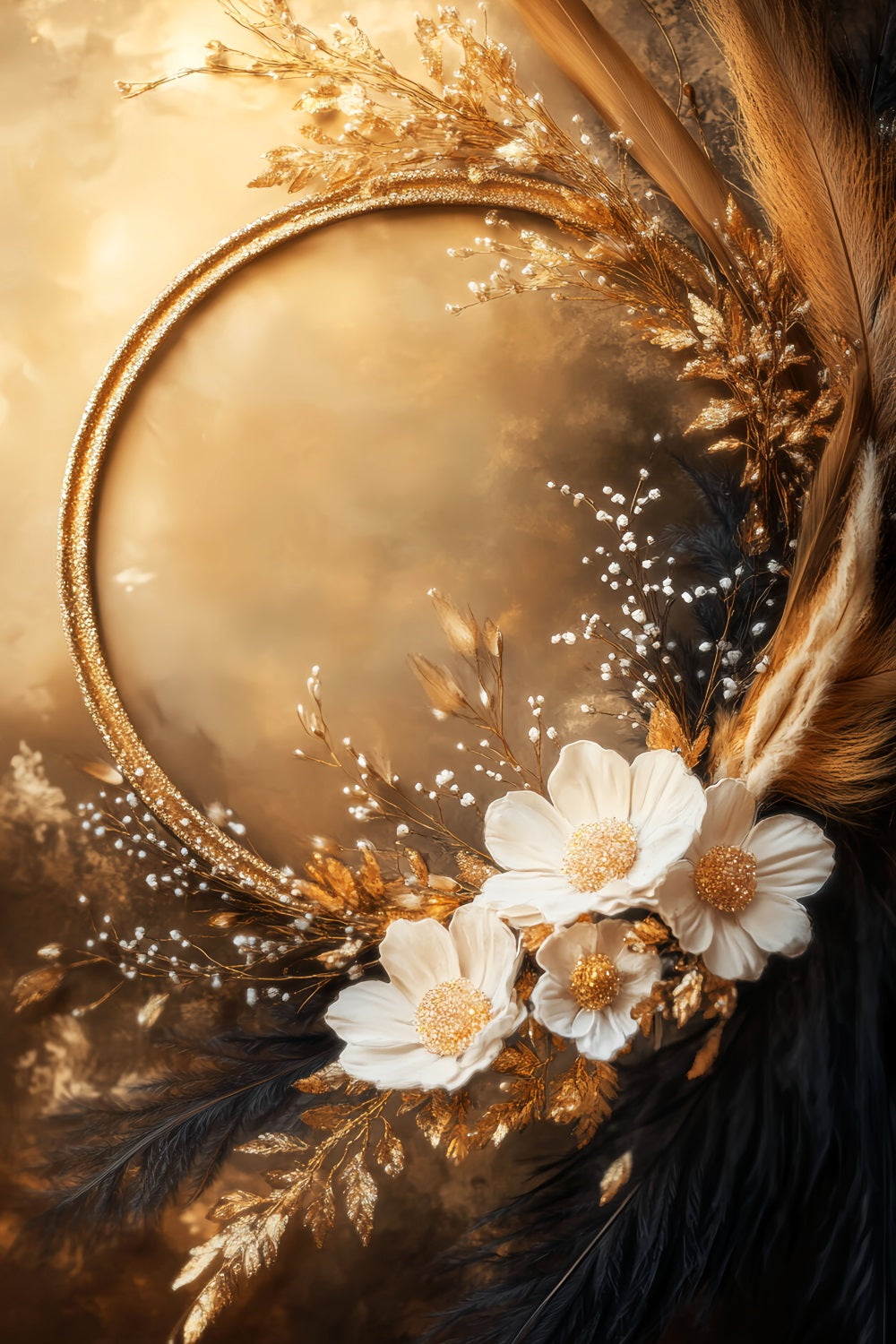 Boho Backdrop Elegant Golden Floral Frame Autumn Fall Backdrop UK LXX59-295