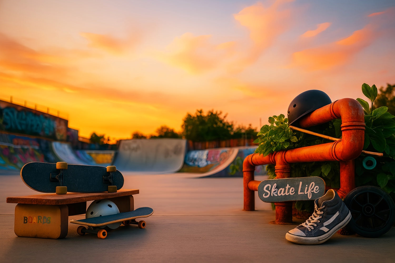 Sports Backdrop Sunset Skateboard Park Life Sports Backdrops for Photography UK LXX59-311
