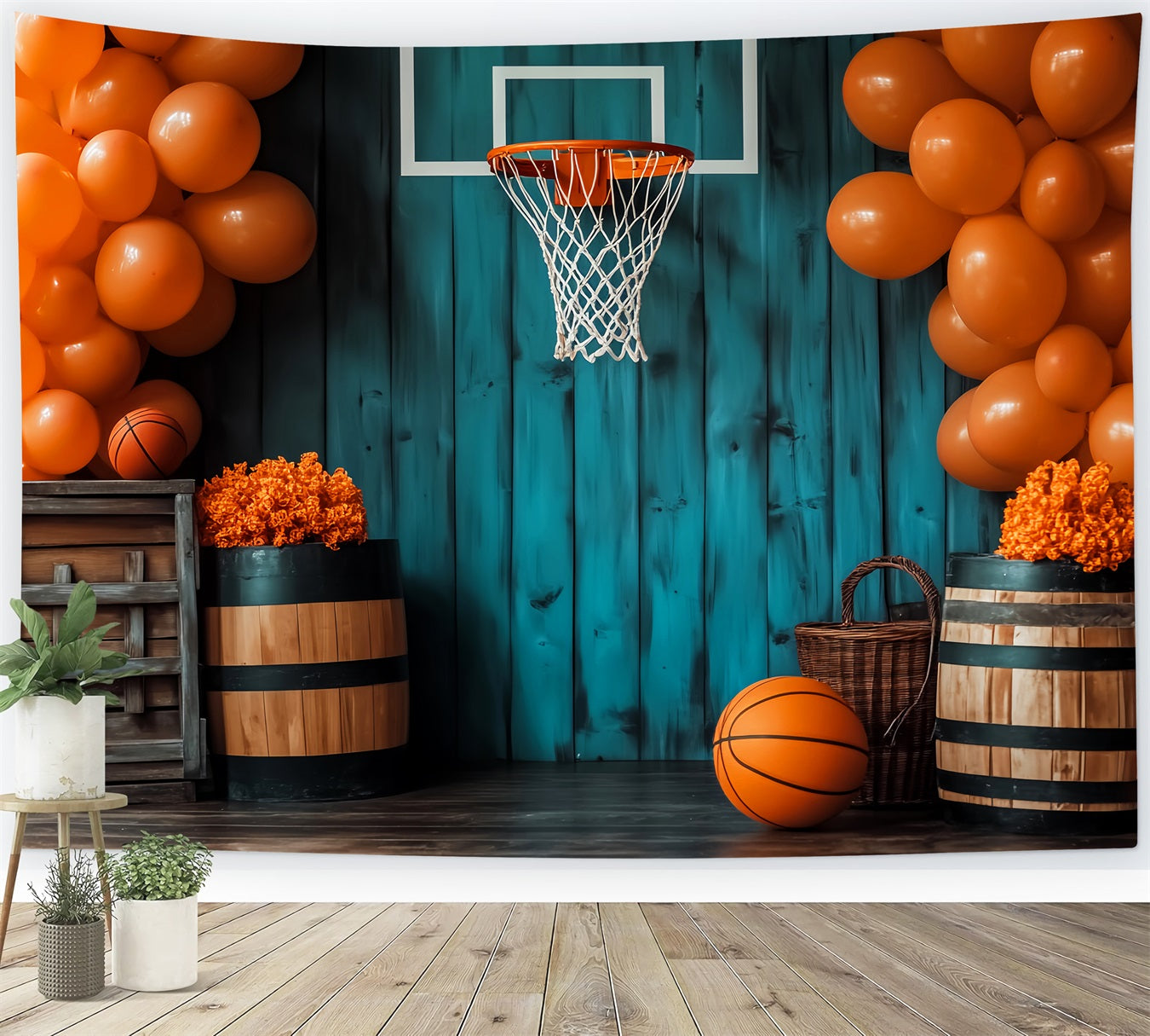 Sports Backdrop Rustic Basketball Hoop Balloons Basketball Backdrop UK LXX59-313