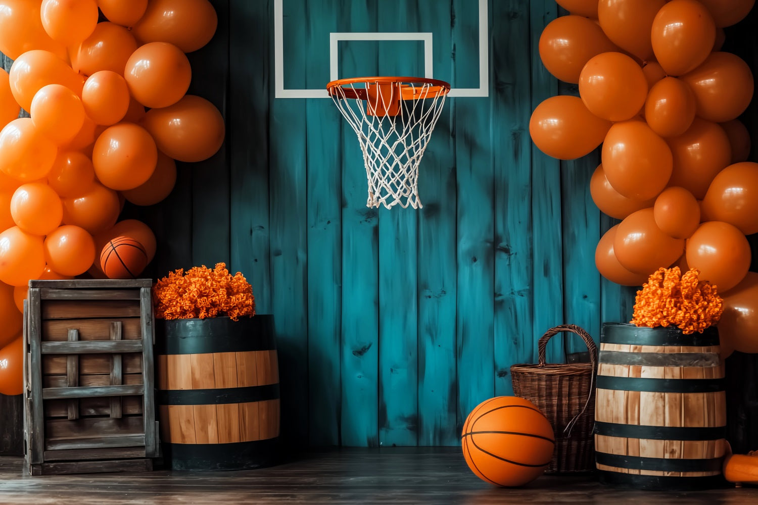Sports Backdrop Rustic Basketball Hoop Balloons Basketball Backdrop UK LXX59-313