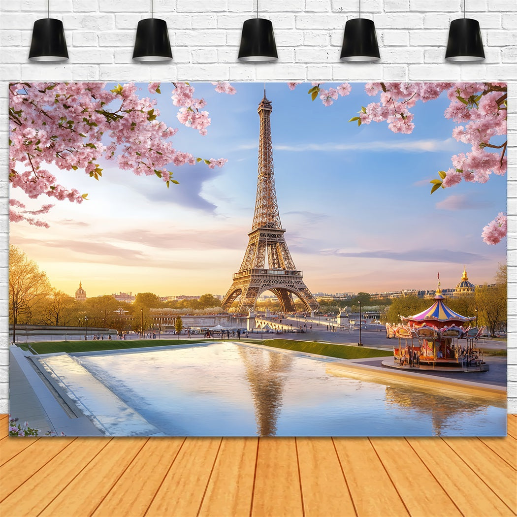 French Town Eiffel Tower Blossom Carousel Paris Backdrop UK LXX59-33