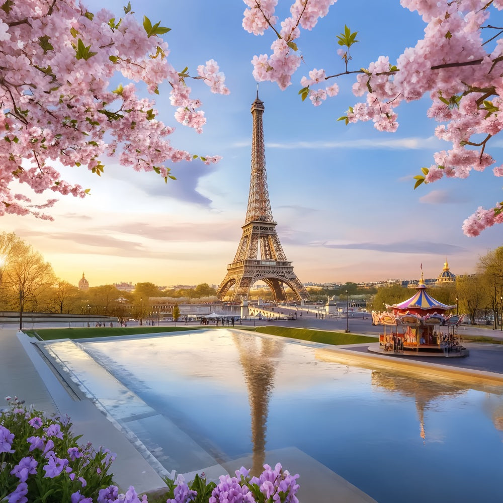 French Town Eiffel Tower Blossom Carousel Paris Backdrop UK LXX59-33