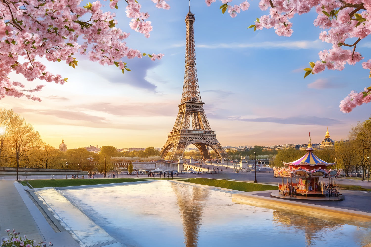 French Town Eiffel Tower Blossom Carousel Paris Backdrop UK LXX59-33