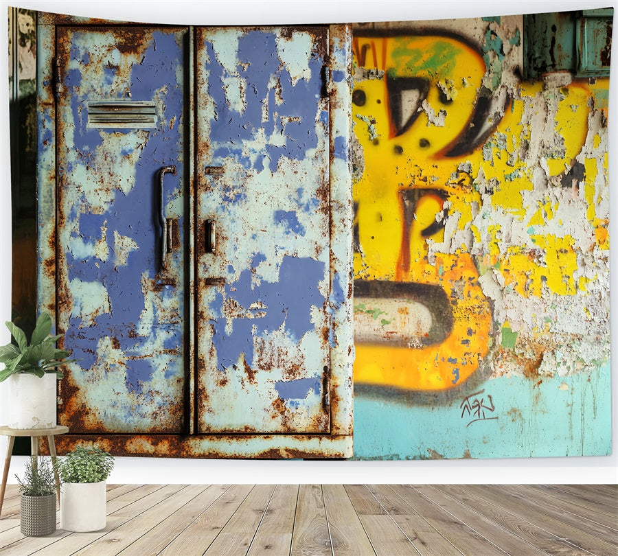 Sports Backdrop Rusty Blue Locker Graffiti Sports Backdrops for Photography UK LXX59-346