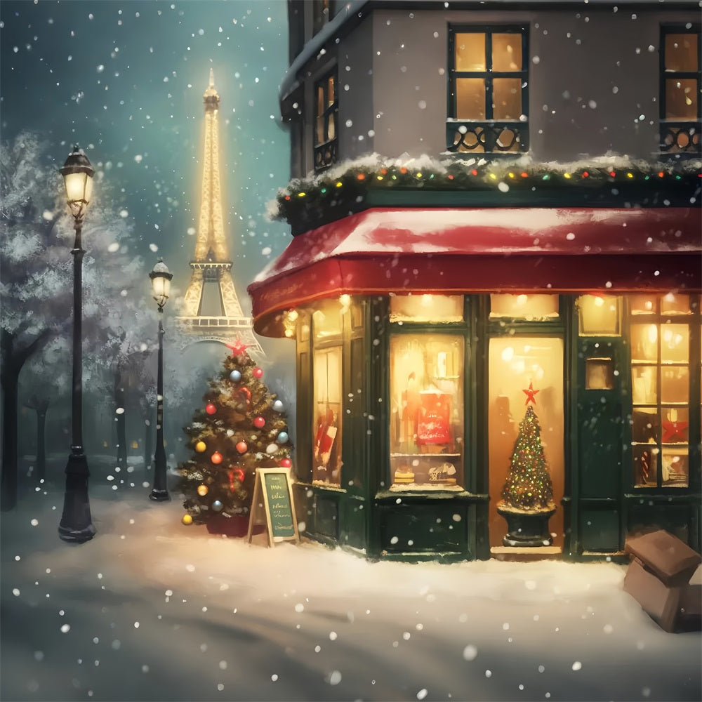 Paris Street Backdrops Snowy Christmas Night Eiffel Tower Paris Backdrop UK LXX59-38