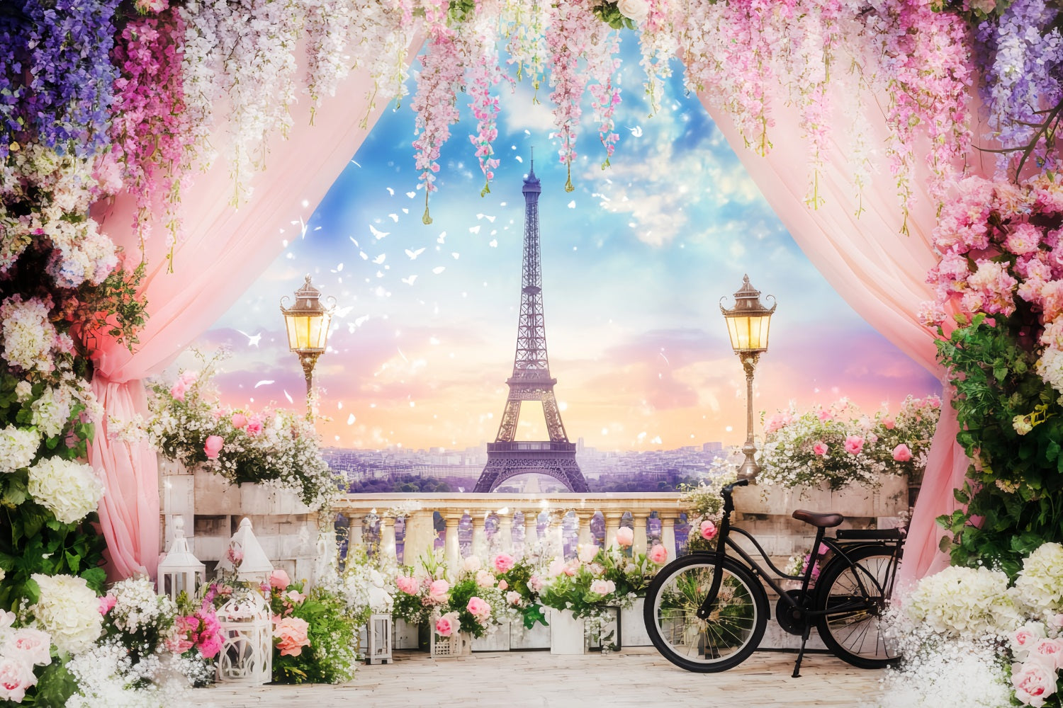 Paris Street Backdrops Eiffel Tower Floral Terrace Europe Backdrop UK LXX59-39