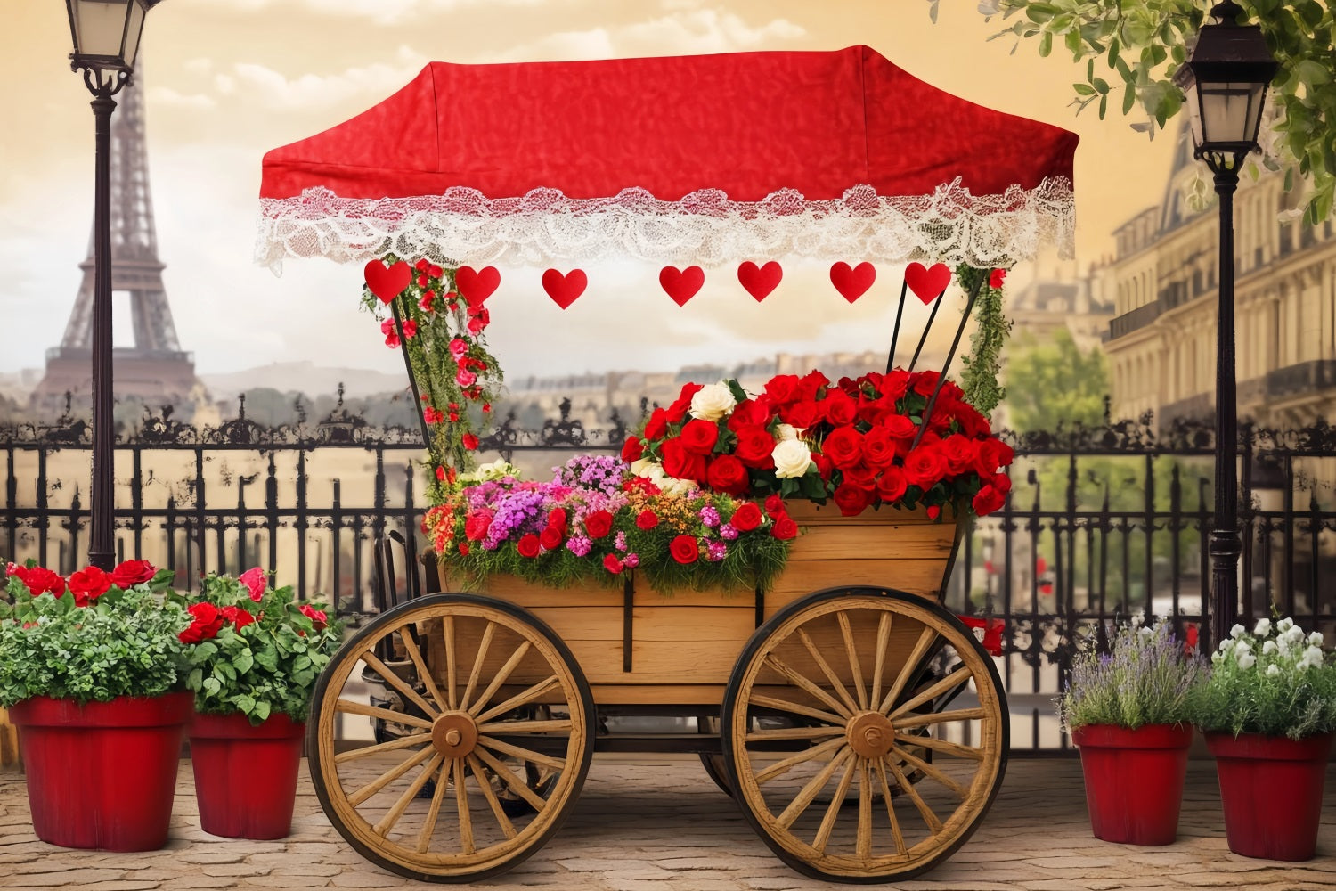 Paris Street Backdrops Romantic Flower Cart Paris Backdrop for Pictures UK LXX59-42