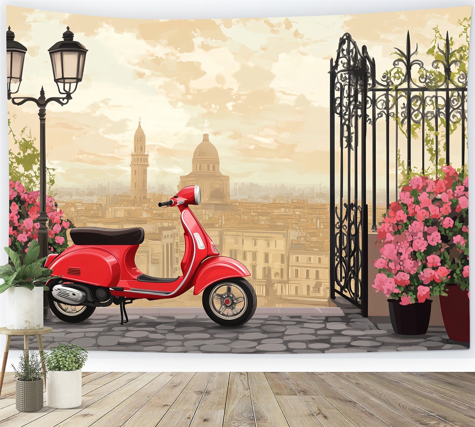 Paris Street Backdrops Vintage Red Scooter City Terrace European Backdrop UK LXX59-43