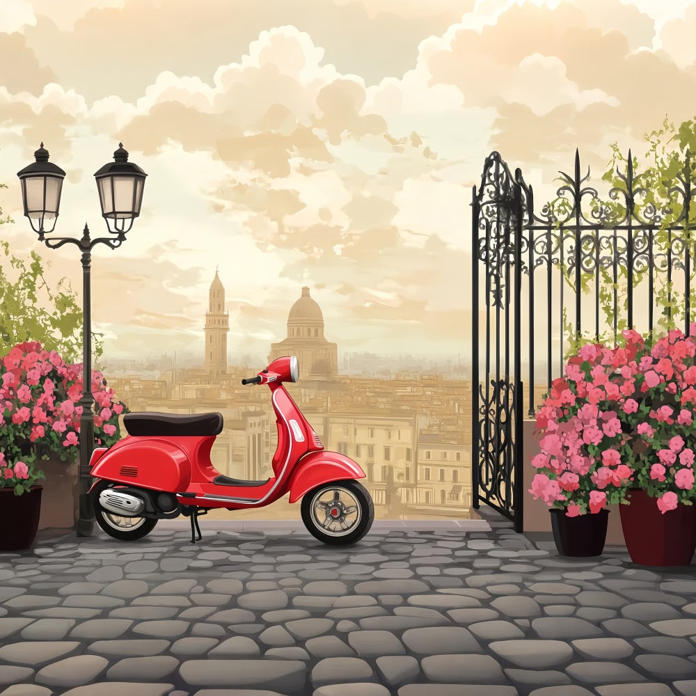 Paris Street Backdrops Vintage Red Scooter City Terrace European Backdrop UK LXX59-43