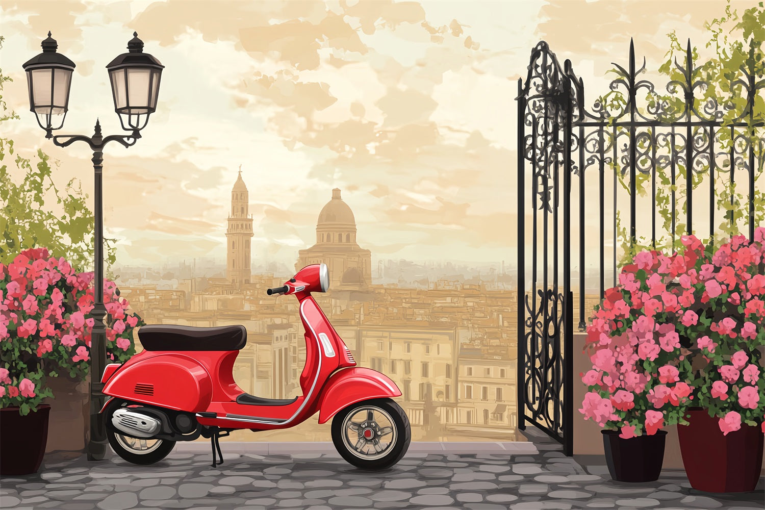 Paris Street Backdrops Vintage Red Scooter City Terrace European Backdrop UK LXX59-43