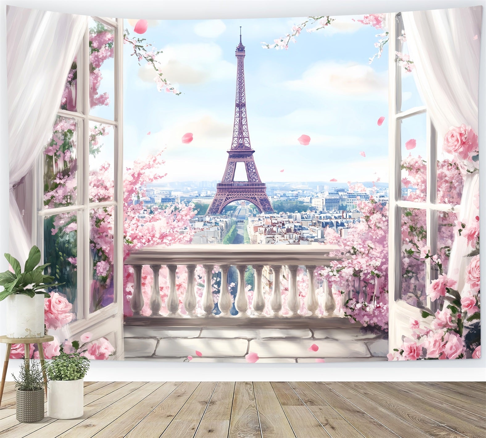 Paris Backdrops Spring Balcony Eiffel View Eiffel Tower Paris Backdrop UK LXX59-46