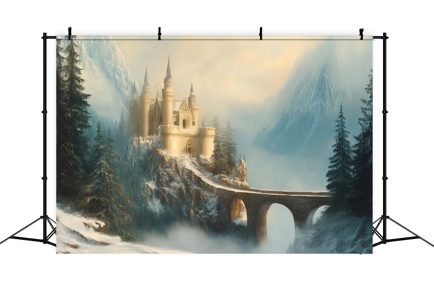 Europe Backdrop Misty Castle Mountain Bridge European Backdrop UK LXX59-52