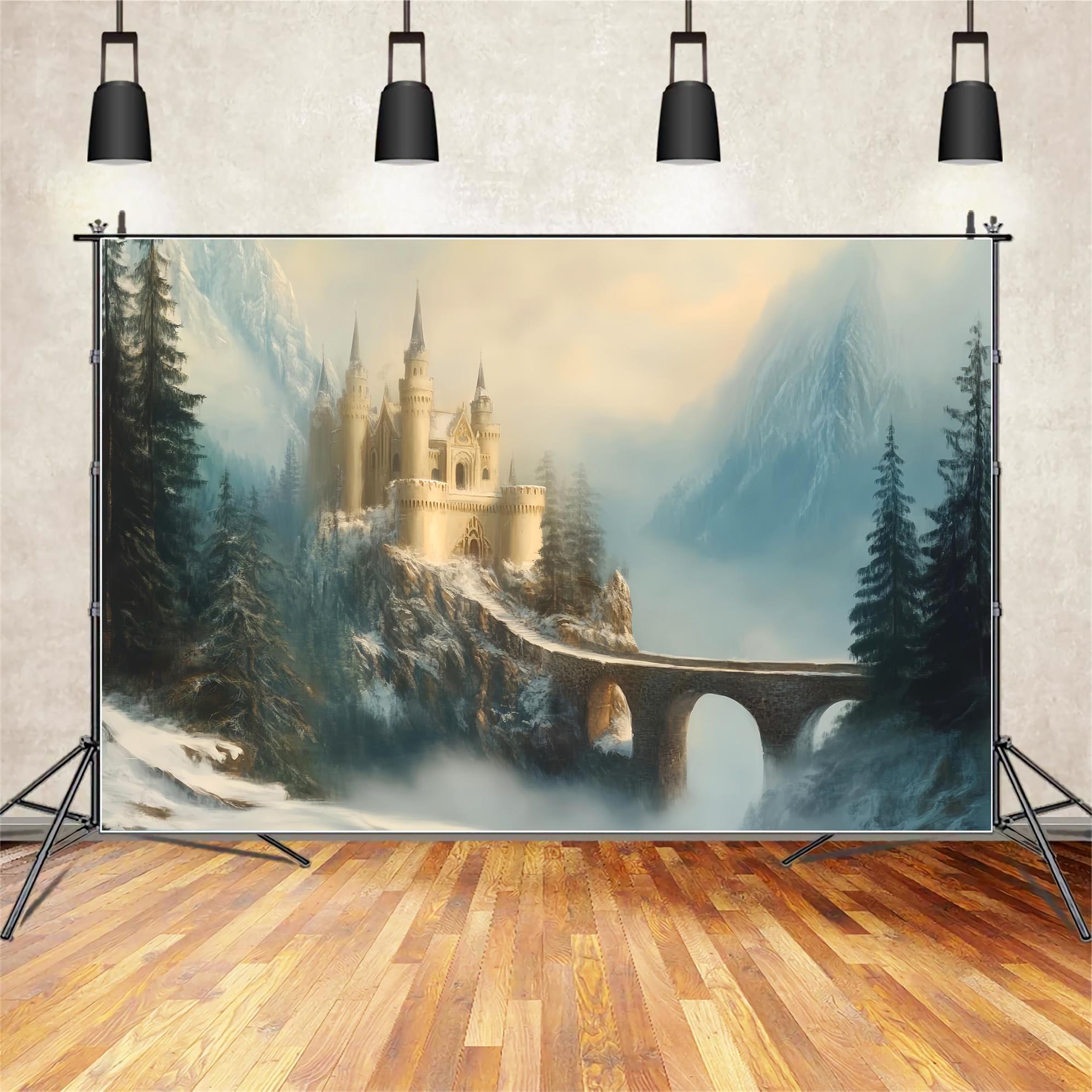 Europe Backdrop Misty Castle Mountain Bridge European Backdrop UK LXX59-52
