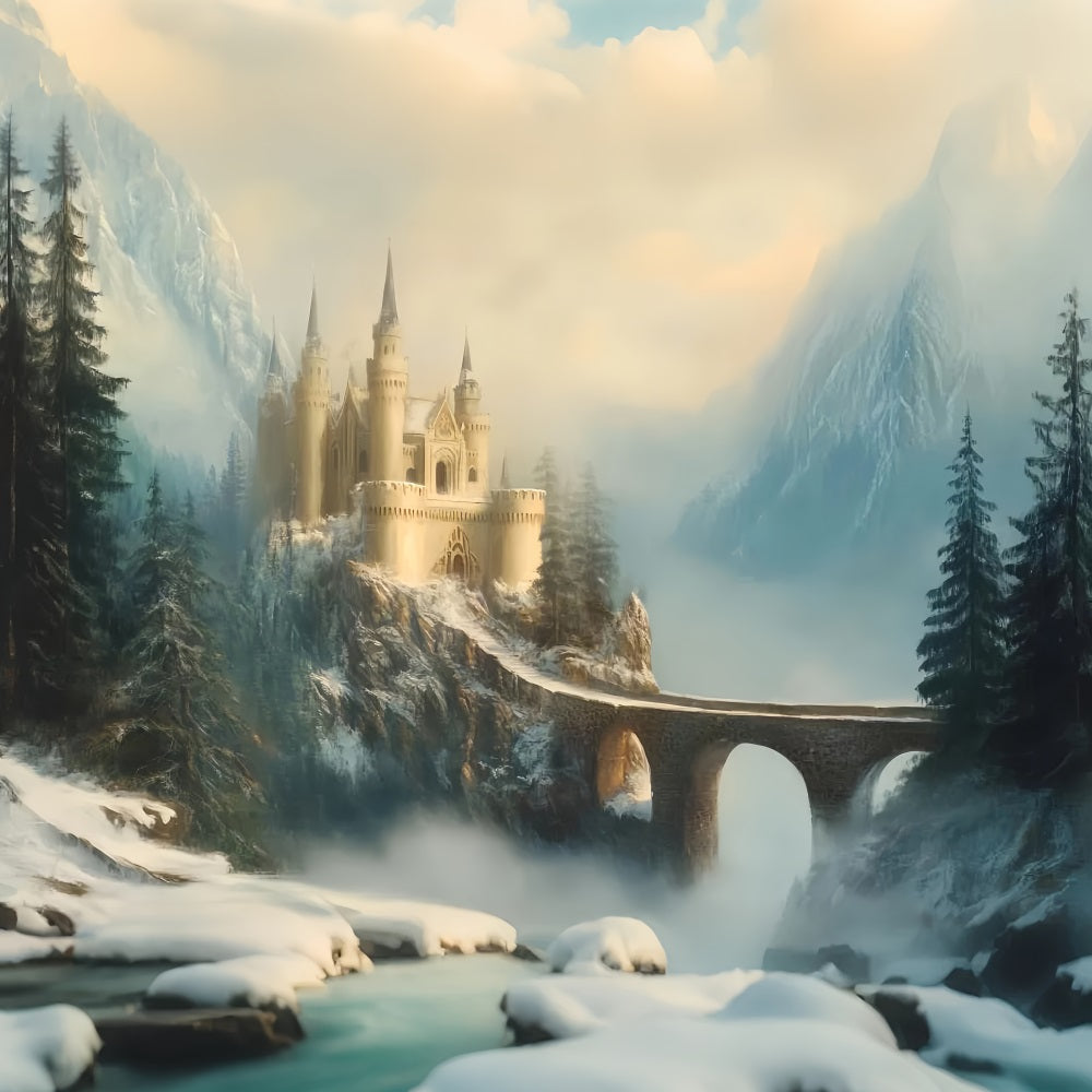 Europe Backdrop Misty Castle Mountain Bridge European Backdrop UK LXX59-52