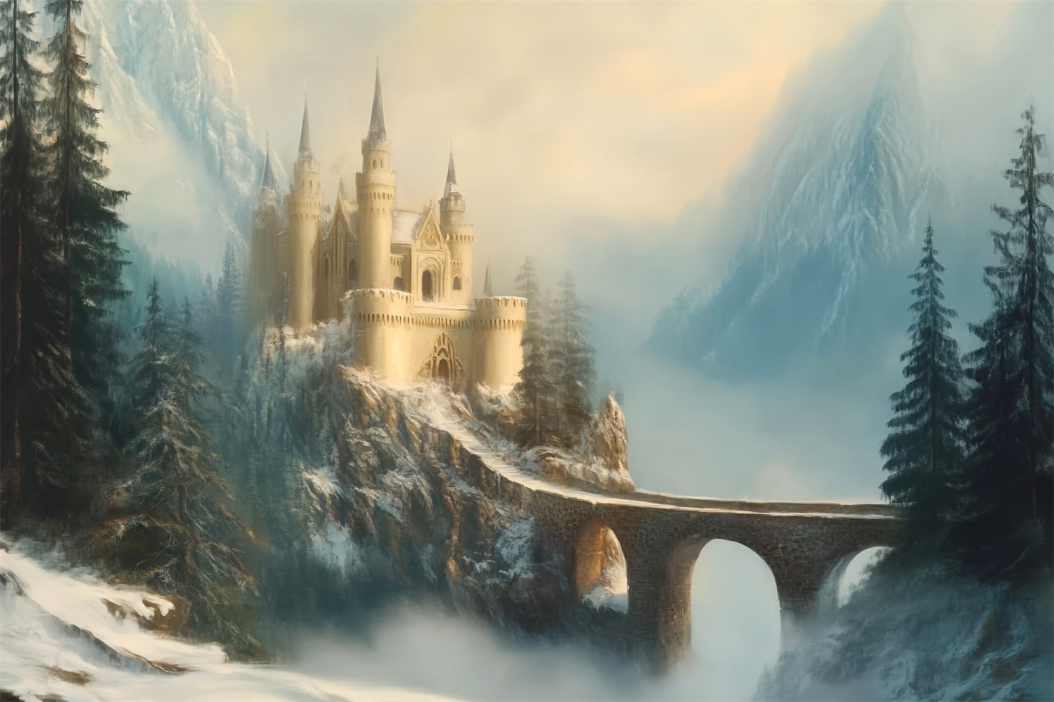 Europe Backdrop Misty Castle Mountain Bridge European Backdrop UK LXX59-52