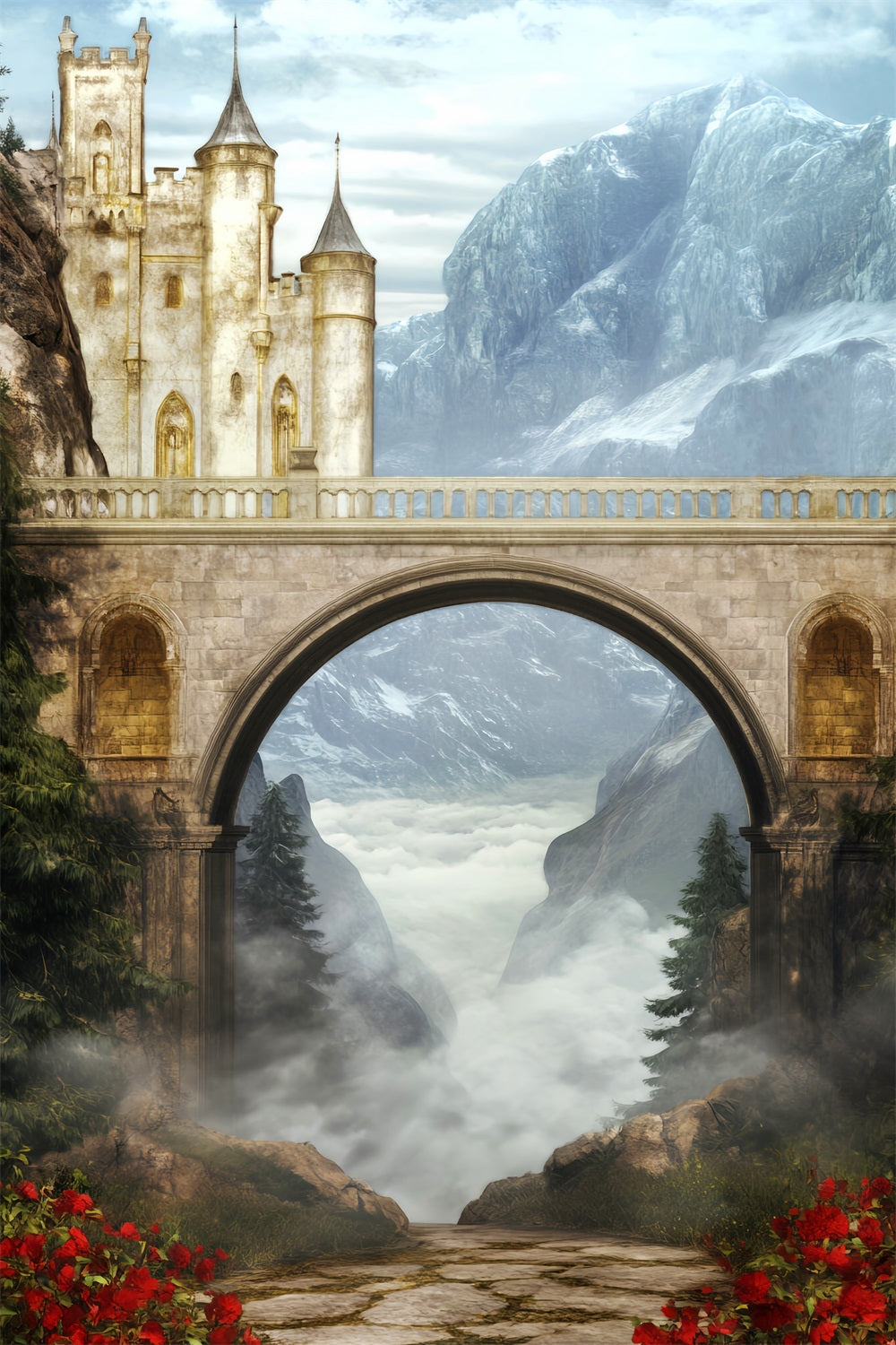 Europe Backdrop Castle Bridge Misty Valley Paris Backdrop UK LXX59-55