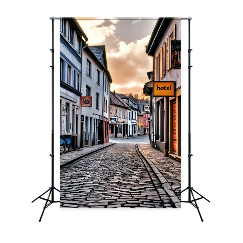 Europe Backdrop Cobblestone Street Sunset Glow European Backdrop UK LXX59-56