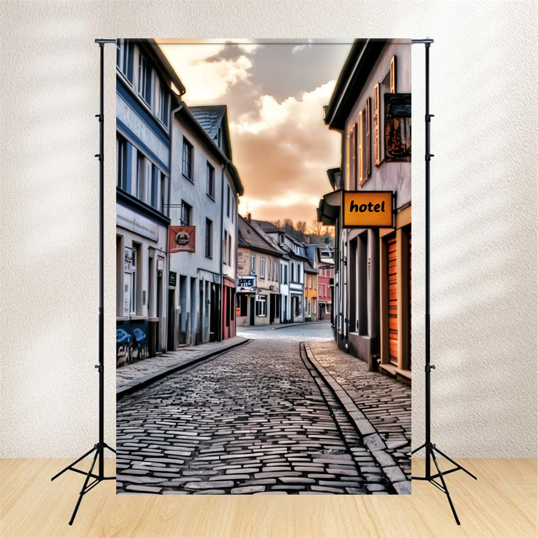 Europe Backdrop Cobblestone Street Sunset Glow European Backdrop UK LXX59-56
