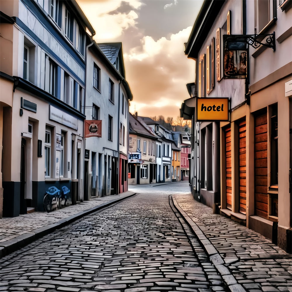 Europe Backdrop Cobblestone Street Sunset Glow European Backdrop UK LXX59-56